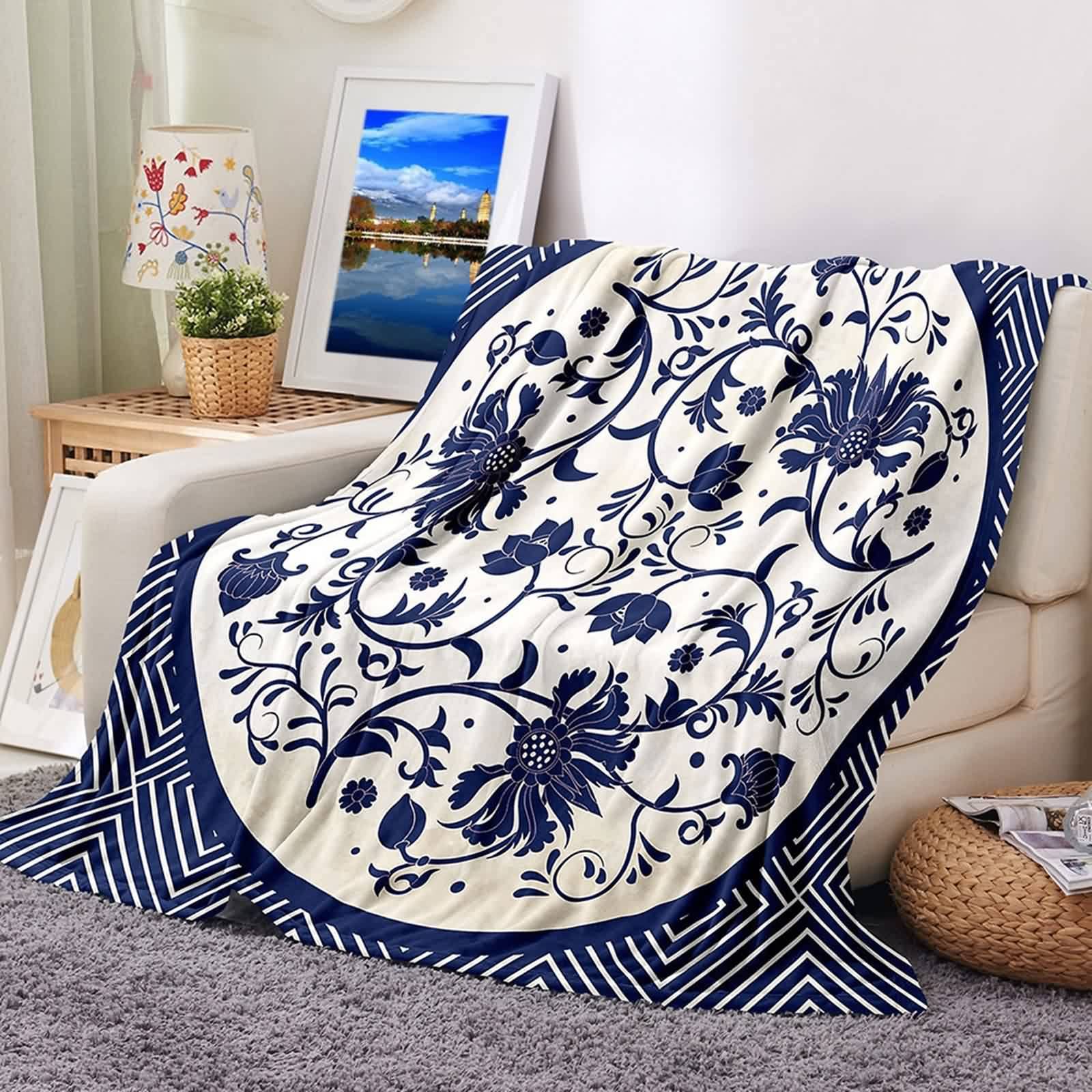 Coperta da tiro bohémien, grande per divani in flanella blu, motivo floreale, 150 x 200 cm, per letto, ufficio, auto, regalo morbido e caldo
