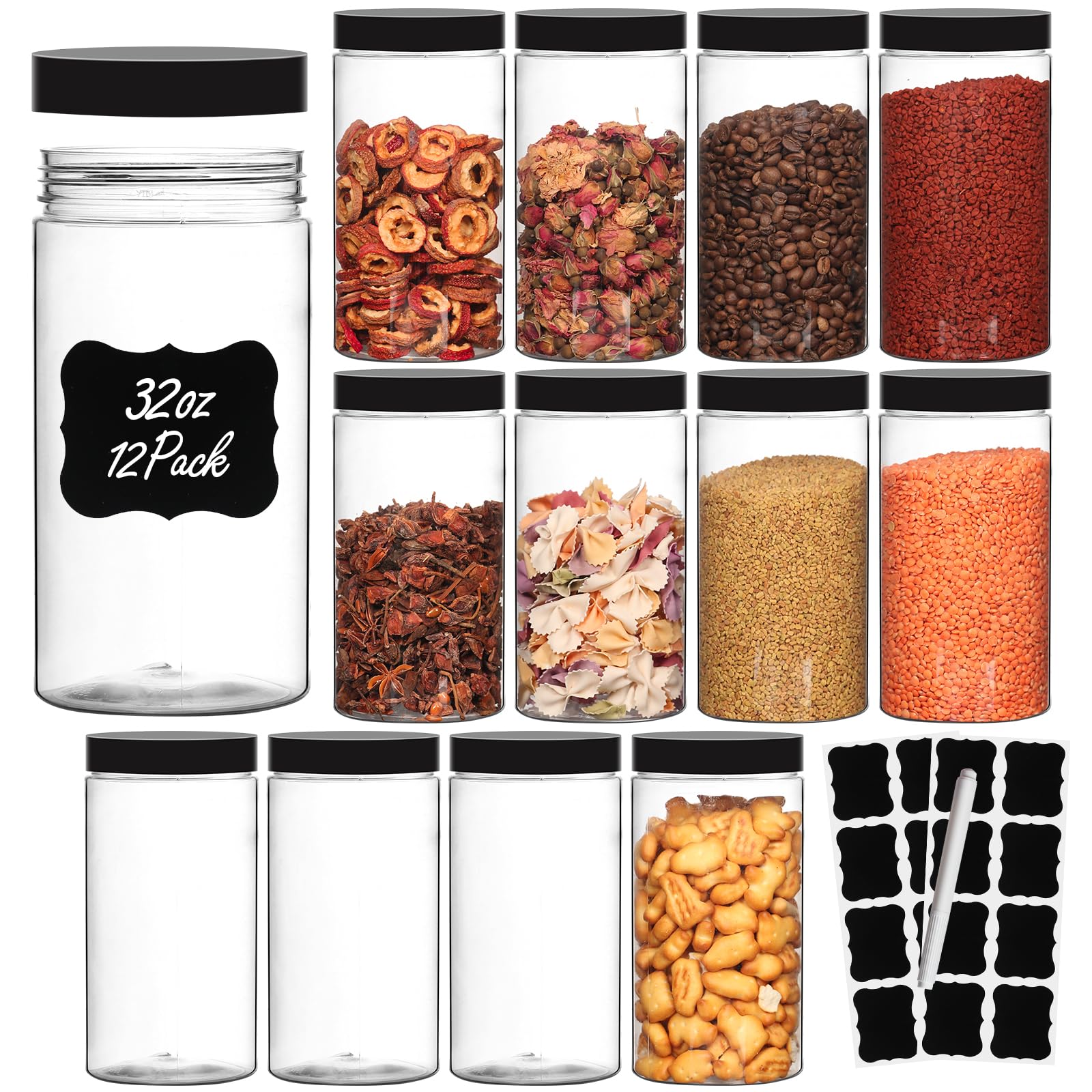 EkkoVla 12 Pack 32 oz Clear Plastic Jars Wide Mouth Round Containers with Black Lids BPA FREE, Empty Multi-use Refillable Storage Jar with Airtight Lid for Cosmetics Beauty Products