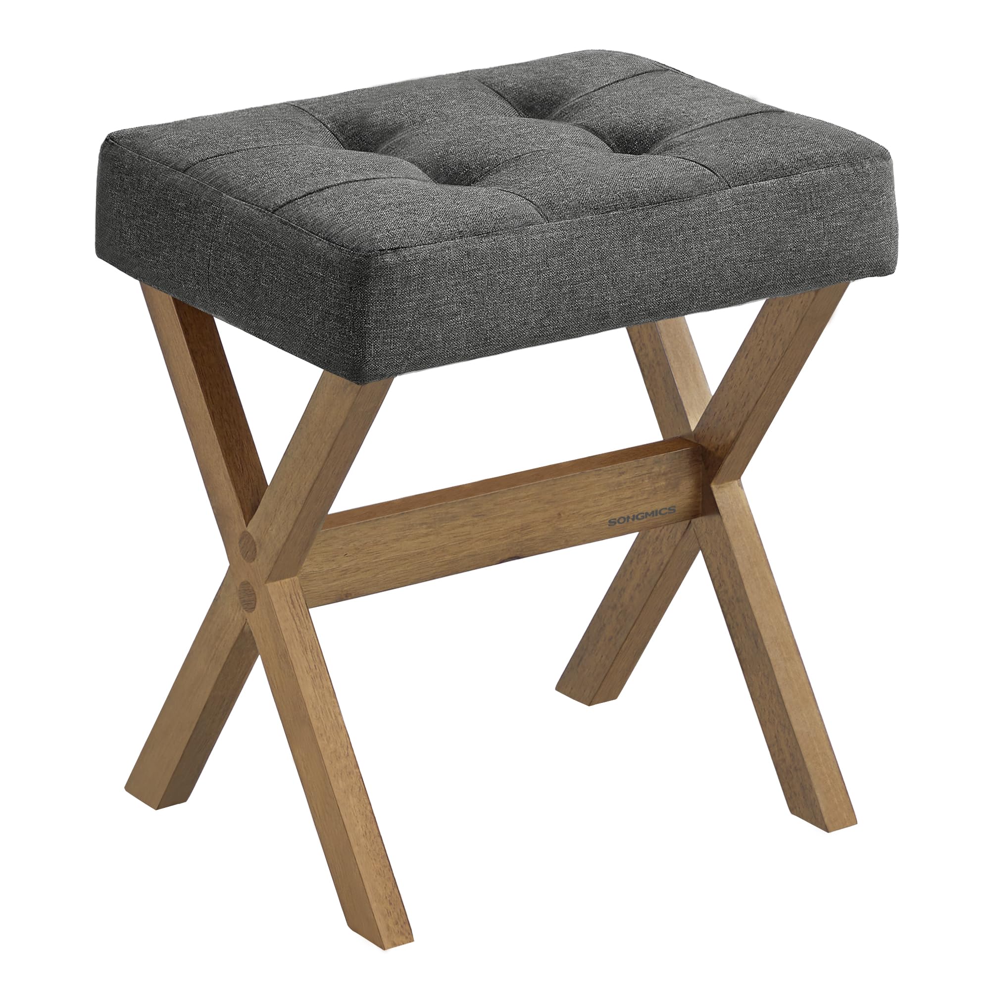 SONGMICS Taburete de Tocador, Taburete de Maquillaje Acolchado, Reposapiés, Patas de Madera, para Dormitorio, Vestidor y Recibidor, 32 x 42 x 46 cm, Gris Pizarra y Marrón LSF006GN01