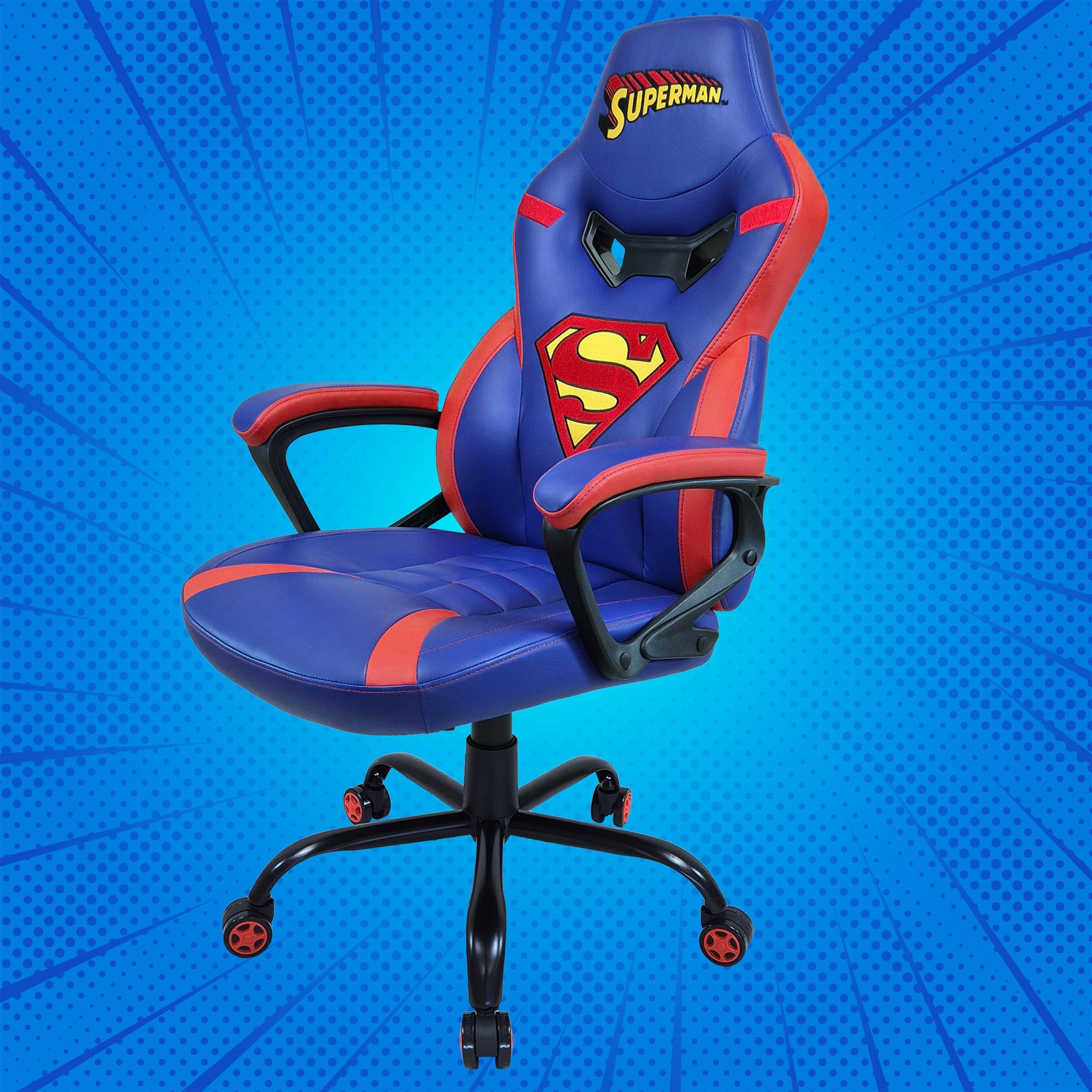 SUBSONIC - Sedia da gaming, sedia da ufficio Superman, sedia da gaming per bambini, comoda seduta a dondolo, poggiatesta e braccioli integrati, schienale ergonomico, altezza regolabile - Blu e rosso