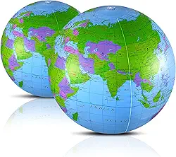 Pacote com 2 bolas infláveis de praia globo mundial infláveis de 40,6 cm para brincar ou ensinar na praia, bolsas de festa, festa na piscina de verão, material de PVC