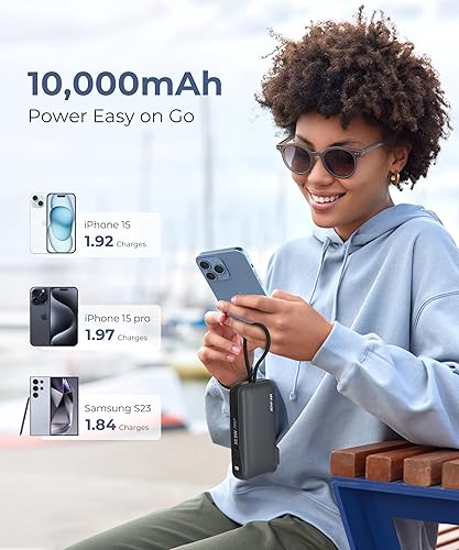 Miniatura 7 de Cargador portátil de 22.5 W con cable USB-C integrado y enchufe de pared, cargador de batería USB C de carga rápida de 10,000 mAh, paquete de