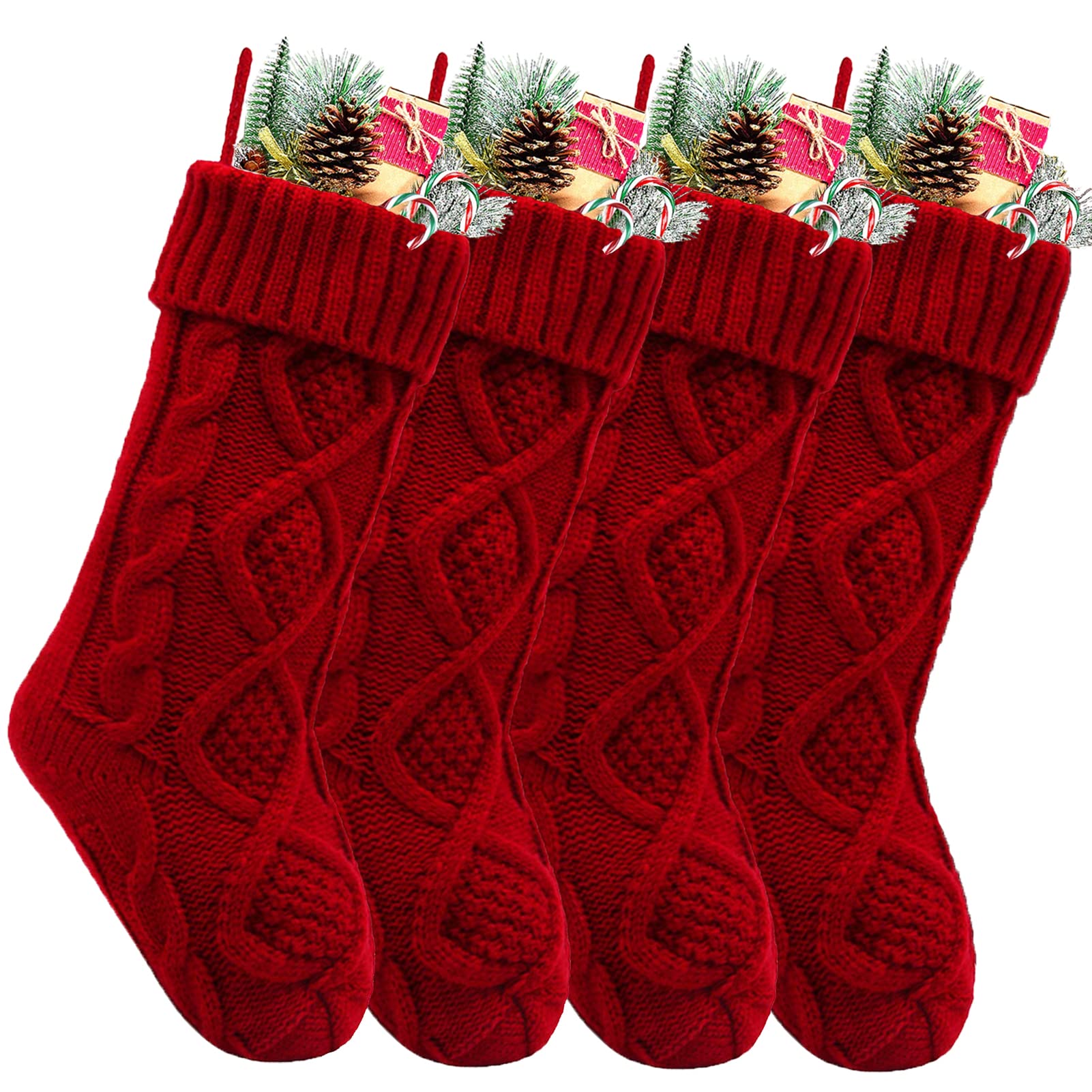 Christmas Stockings, 4 Pack Christmas Stocking 18 Inches Large Cable Knitted Stocking Decorations for Family Holiday Xmas Party Décor (Burgundy Red)