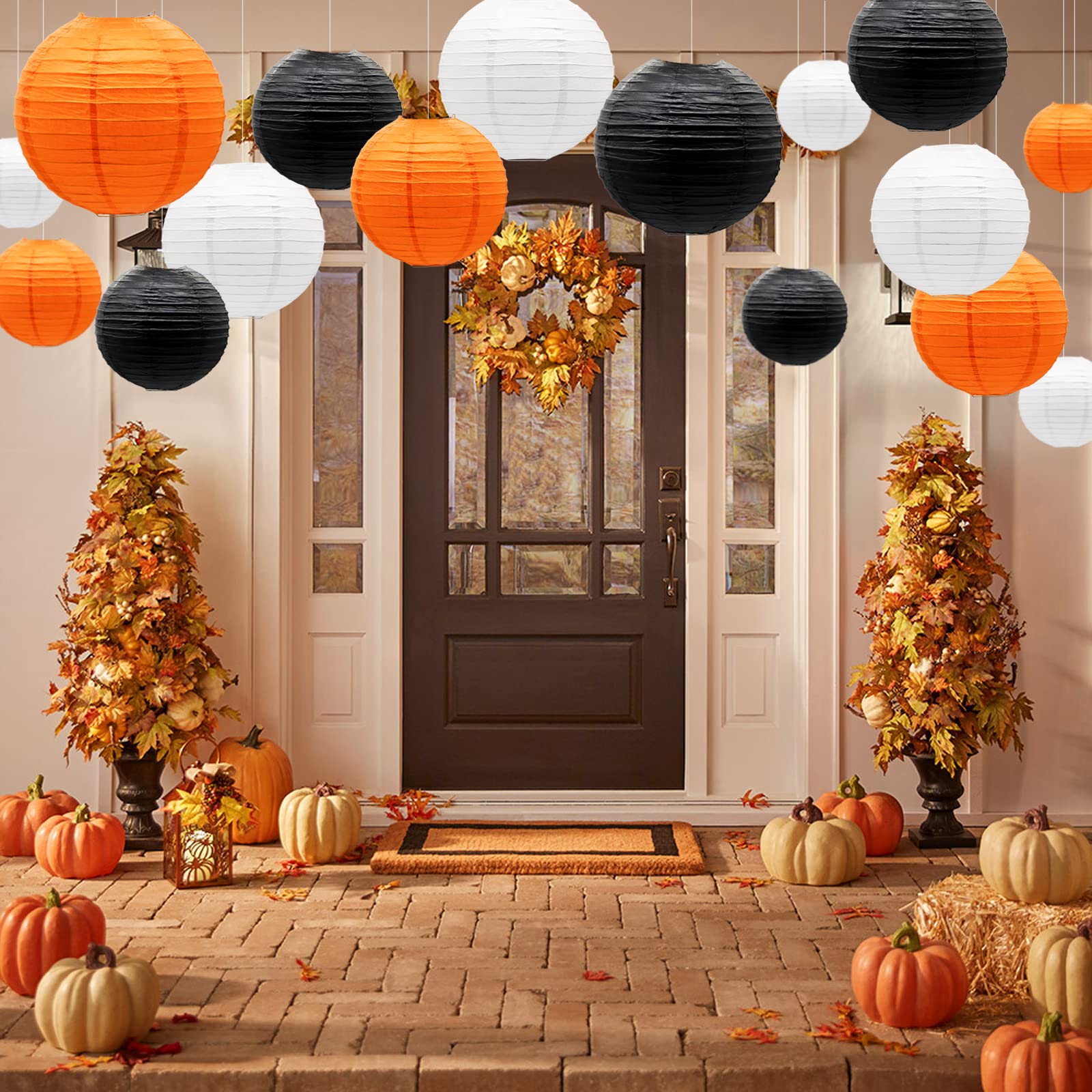 Papierowe lampiony, dekoracje imprezowe, pomarańczowe, czarne, białe, okrągłe, wiszące lampiony, ukończenie szkoły, Halloween, Święto Dziękczynienia, dekoracje na przyjęcie urodzinowe, 21 szt