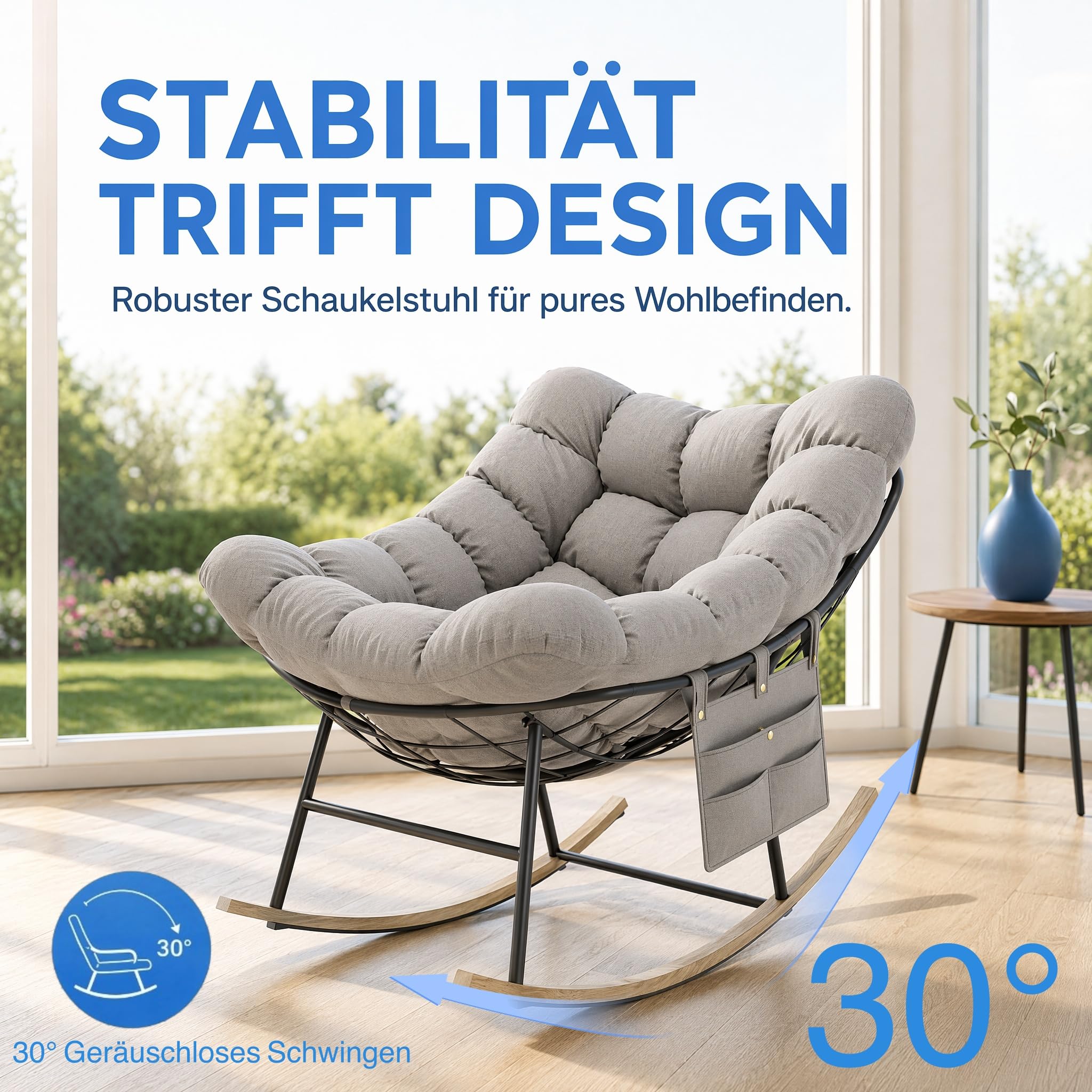 Schaukelstuhl Extrabreiter Ei-Schaukelsessel Outdoor mit Seitentasche, Relaxsessel Wippfunktion mit Abnehmbares Sitzkissen für Wohnzimmer Garten Balkon, Stahlgestell, Bis 150 kg Belastbar – Aprikose