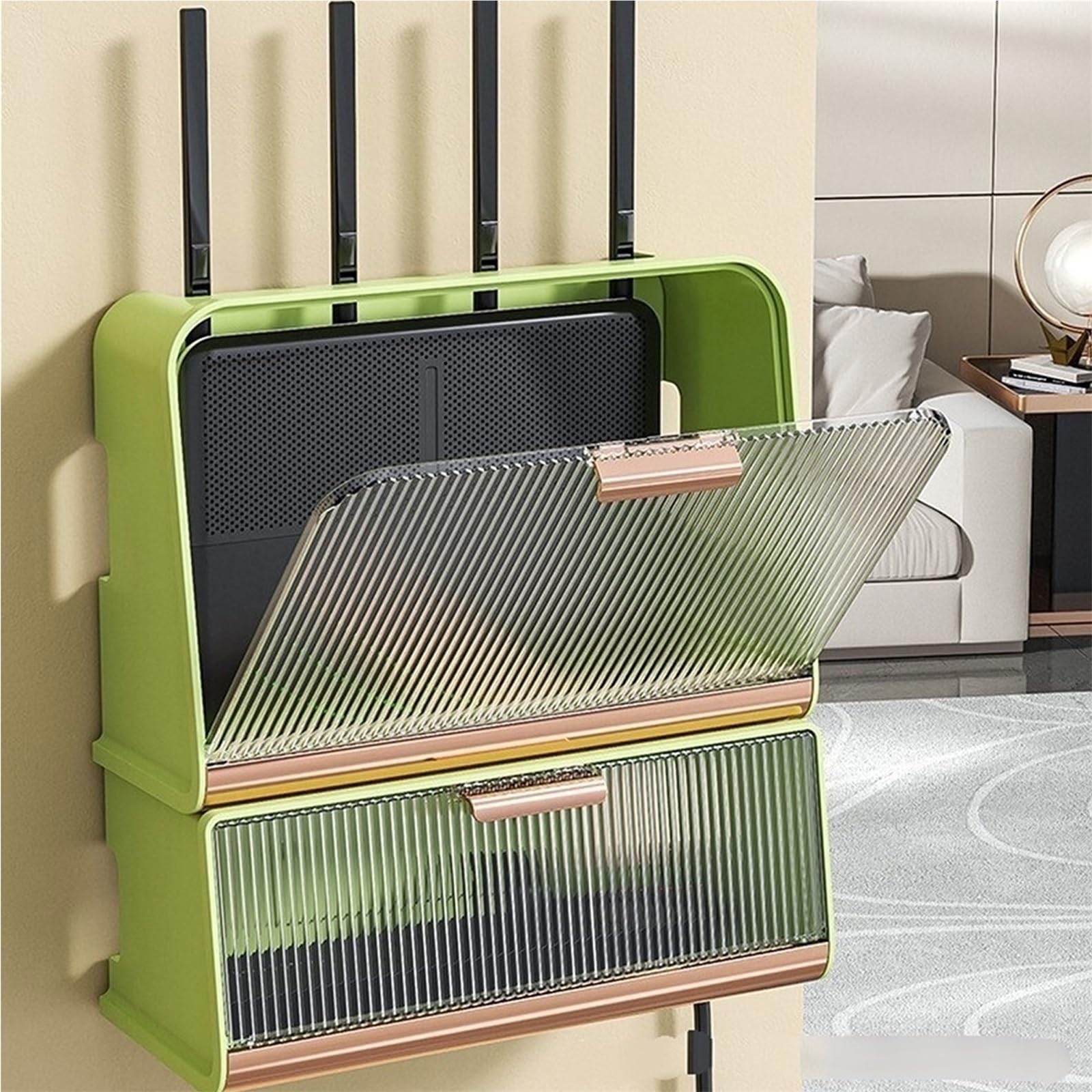 BoîTierde Rangement Mural pour Routeur Wi-FI, Meublede Rangement MultiméDia, Armoire Wi-FI pour Dissimuler Routeur Modem, Masquer Tableau éLectrique(Brown+Brown – Set)