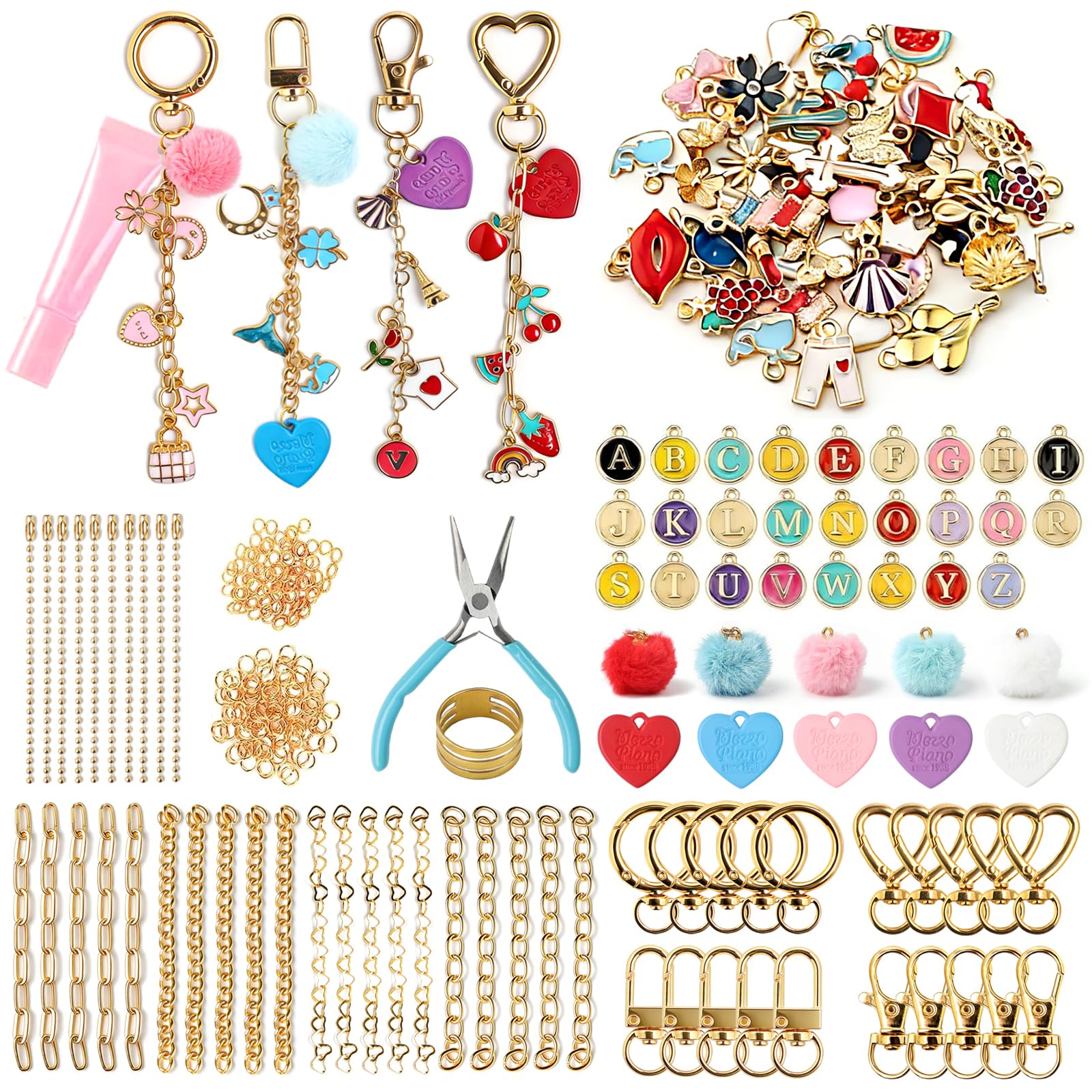 Molirex 288Pcs Keychain Making Kit, Bag Charm Kit Including 86 Charms 30 Chains 20 Keychain Clips 150 Jump Rings with Plier Tools, Jewellery Making Supplies for DIY Crafts Keychain