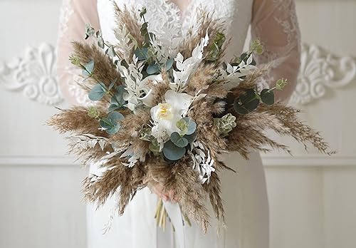 Miniatura 4 de Ramo de boda bohemio de flores naturales preservadas y secas de color natural, flores de boda naturales, ramo de hierba de pampas, ramo de flores