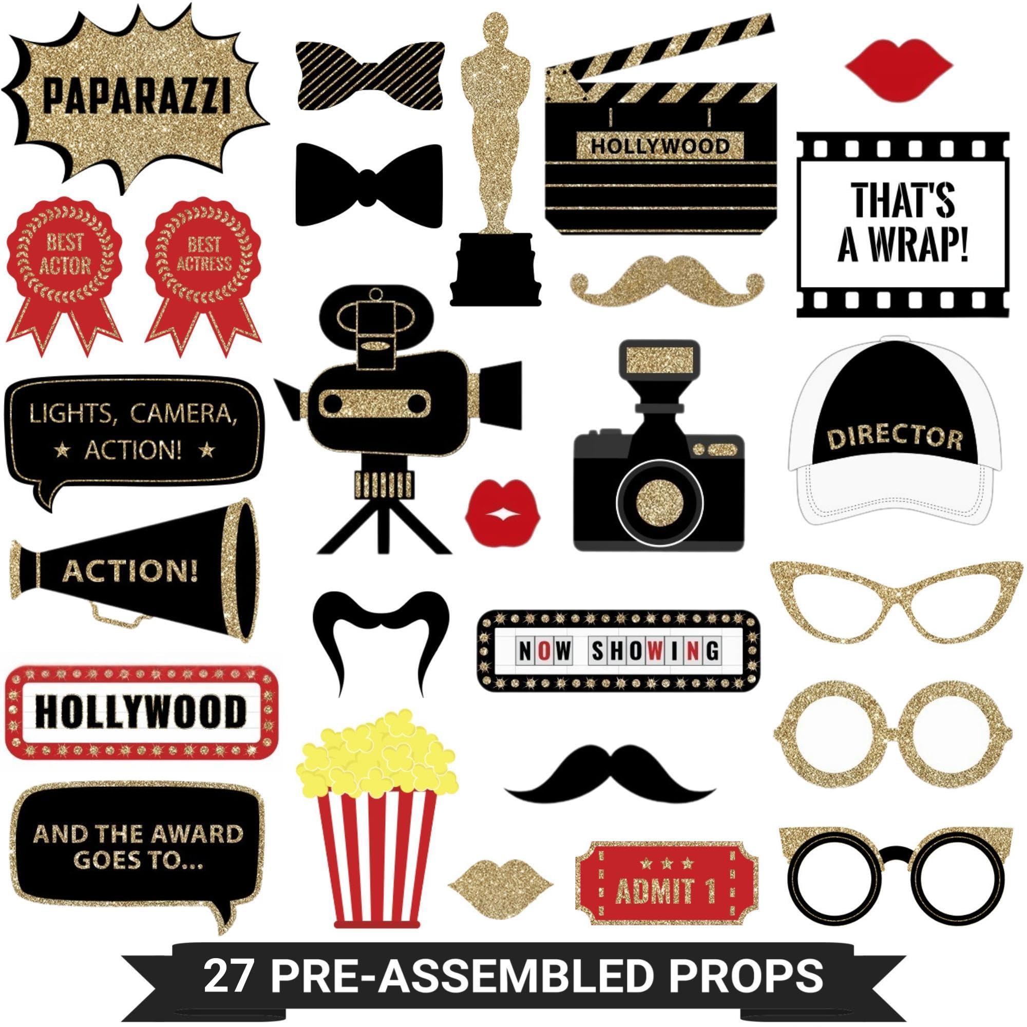 Fully Assembled Hollywood Photo Booth Props - Set of 27 - Black Gold Red Selfie Signs - Movie Night Themed Party Supplies & Decorations - Cute Oscars Designs with Real Glitter - Did We Mention No DIY