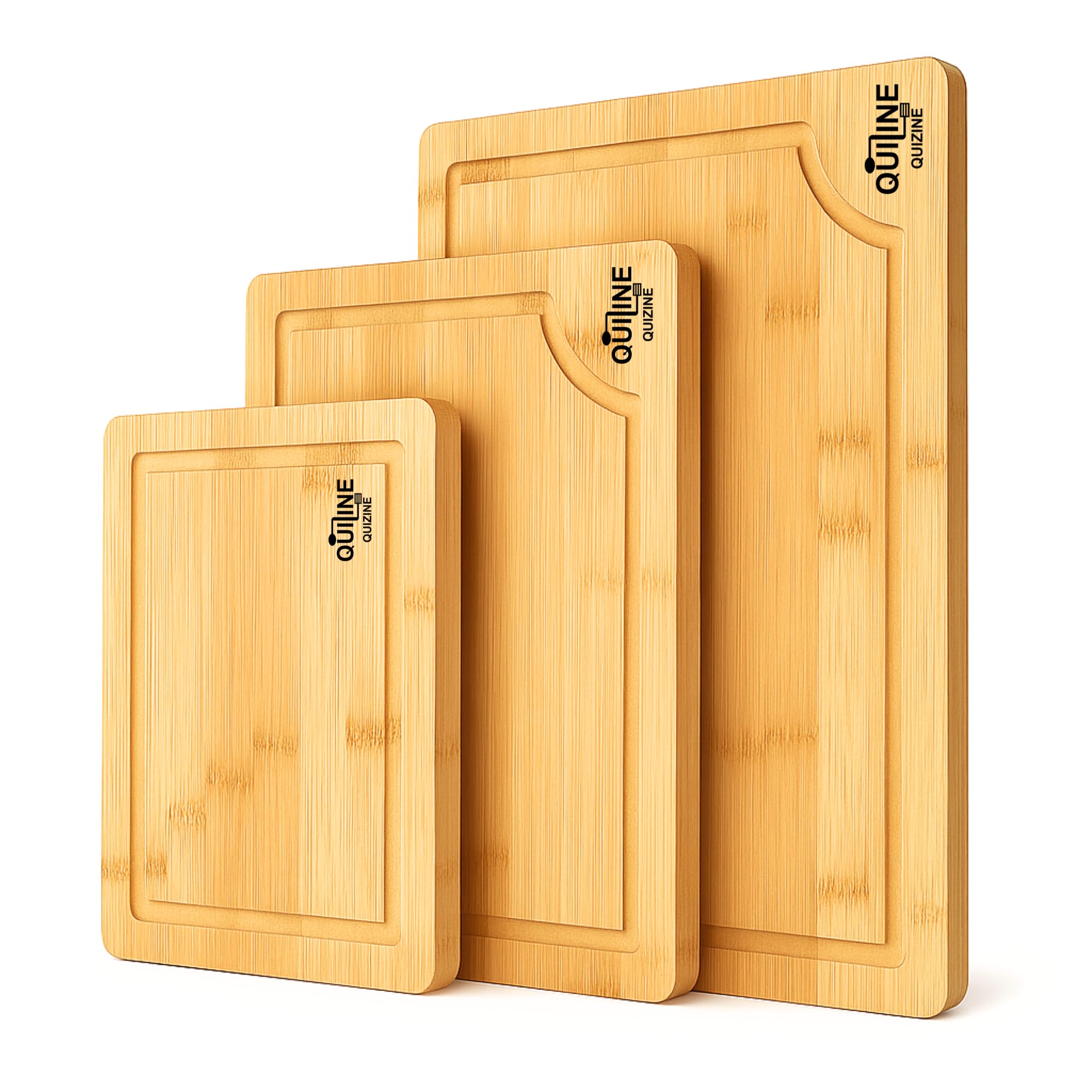 QUIZINE Juego de 3 Tablas de Picar de Bambú Premium - Resistentes, Antideslizantes y Ecológicas, Ideales para Cortar Carnes, Verduras y Frutas, Diseño Elegante para Usar También como Bandeja de Servir