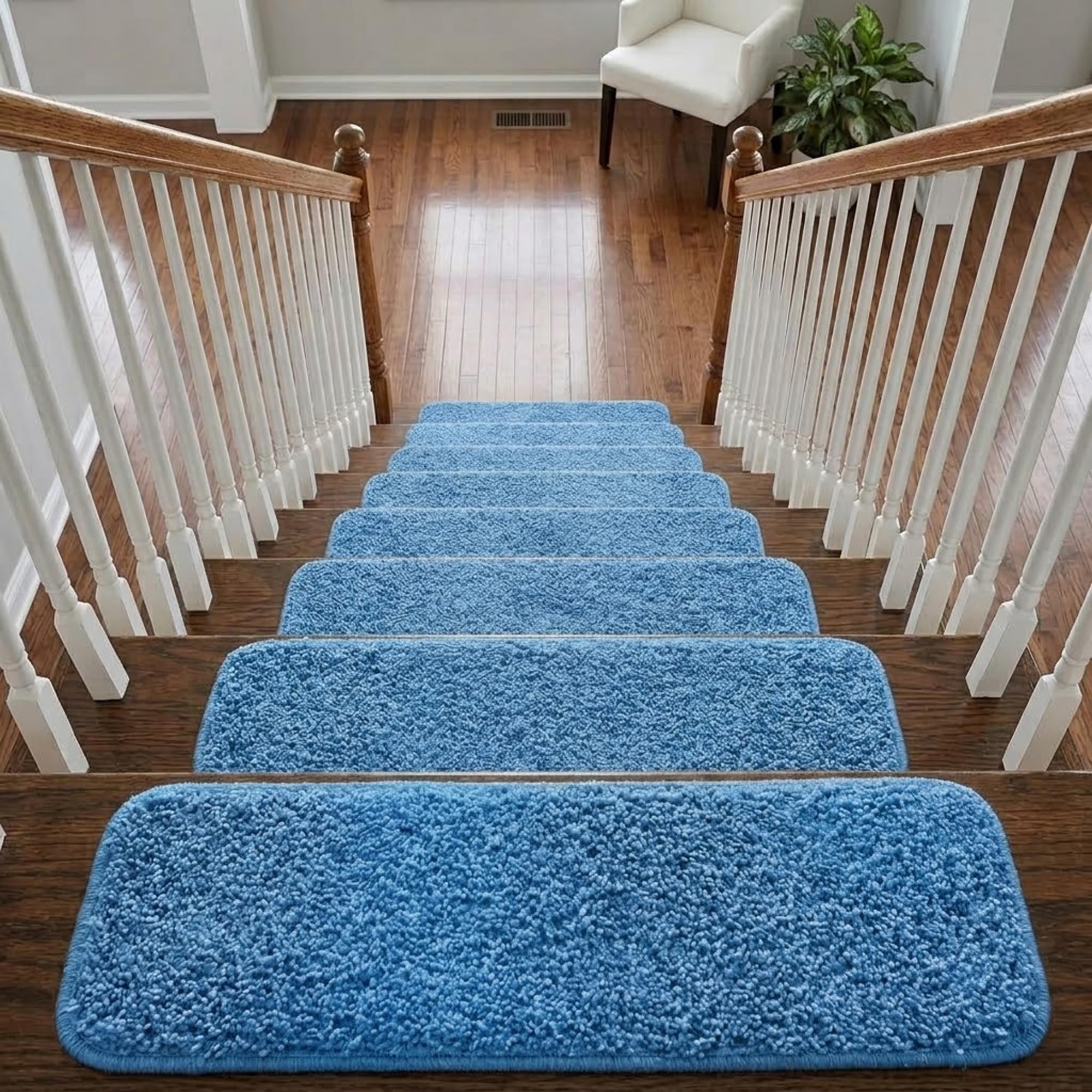 Soft Shaggy Stair Treads Non Slip Machine Washable Carpet Mats 22x67cm 30mm Thick Plush Stair Rugs for Wooden Stairs Indoor Anti Slip Step Mats Safe for Kids Pets Hallway Home (Blue, 15)