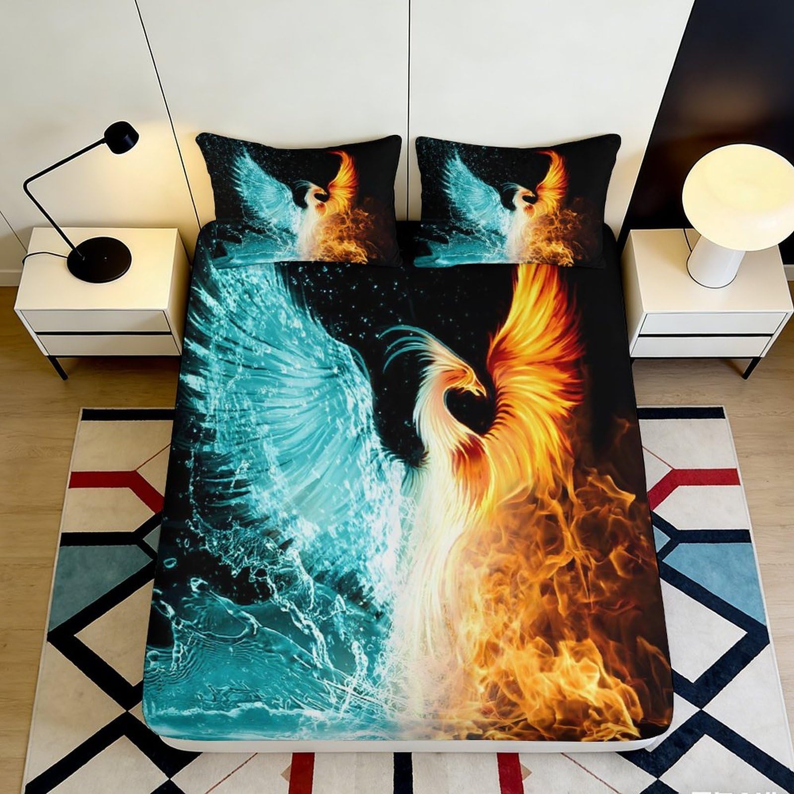 3D Printed Fire and Ice Phoenix Fitted Sheet Microfiber Soft Breathable Water and Flame Bed Cover for Bedroom Dormitory Guest Room Mattress Protection 200x200x25cm