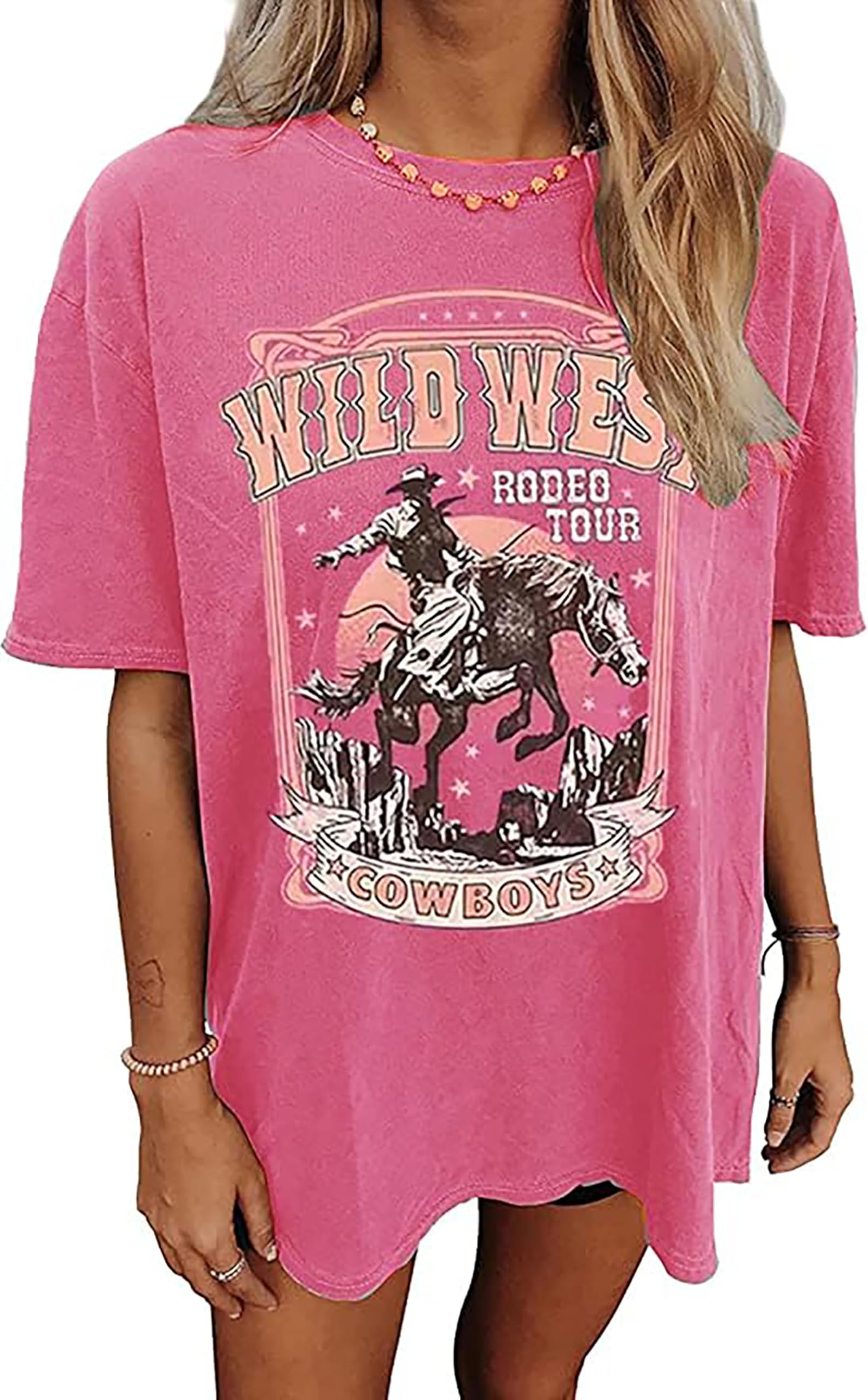 Oversized Western Rodeo Graphic Tee Short Sleeve Women Vintage Rodeo T-Shirt Casual Country Music Tee Top