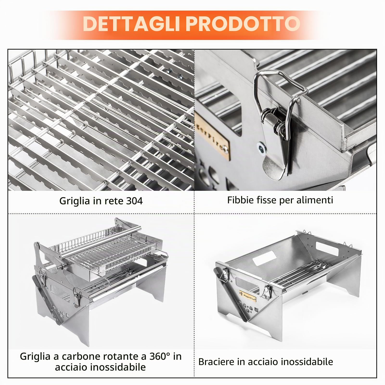 Griglia girevole a 360° in acciaio inox, portatile per campeggio e barbecue a carbone, griglia rimovibile per picnic, cortile e feste