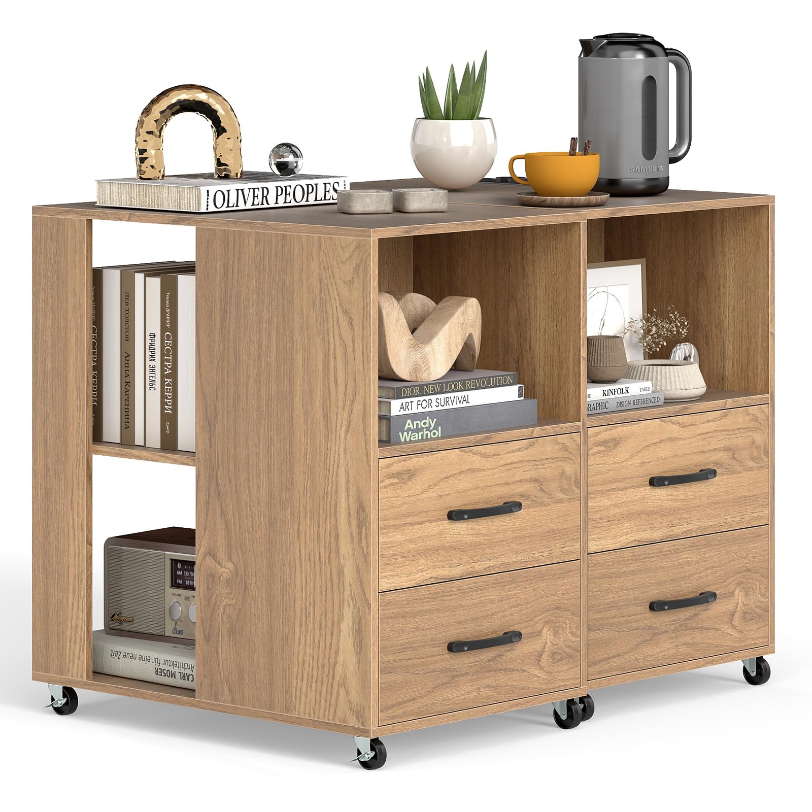 COSTWAY Bedside Table with Charging Station, Rolling Nightstand End Sofa Side Table with 2 Drawers, Storage Shelves and Wheels, Wooden Mobile File Bedside Cabinet for Living Room Bedroom (2, Natural)