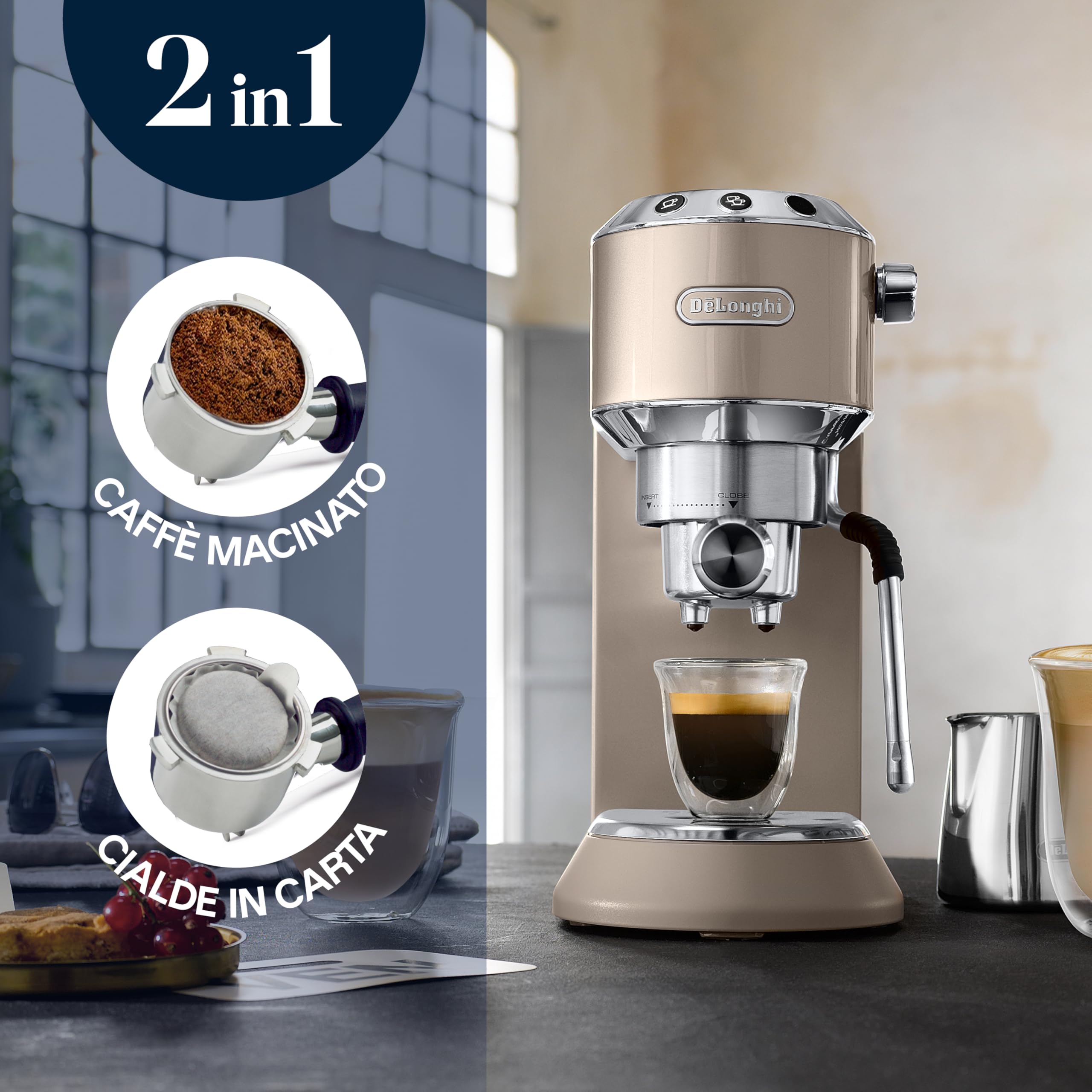 De'Longhi Dedica Arte EC885.​BG, Macchina manuale da Caffè Espresso e Cappuccino, Lancia vapore professionale, Caffè in Polvere o in Cialde E.S.E., Riscaldamento 40sec, Filtro Singolo e Doppio, Beige