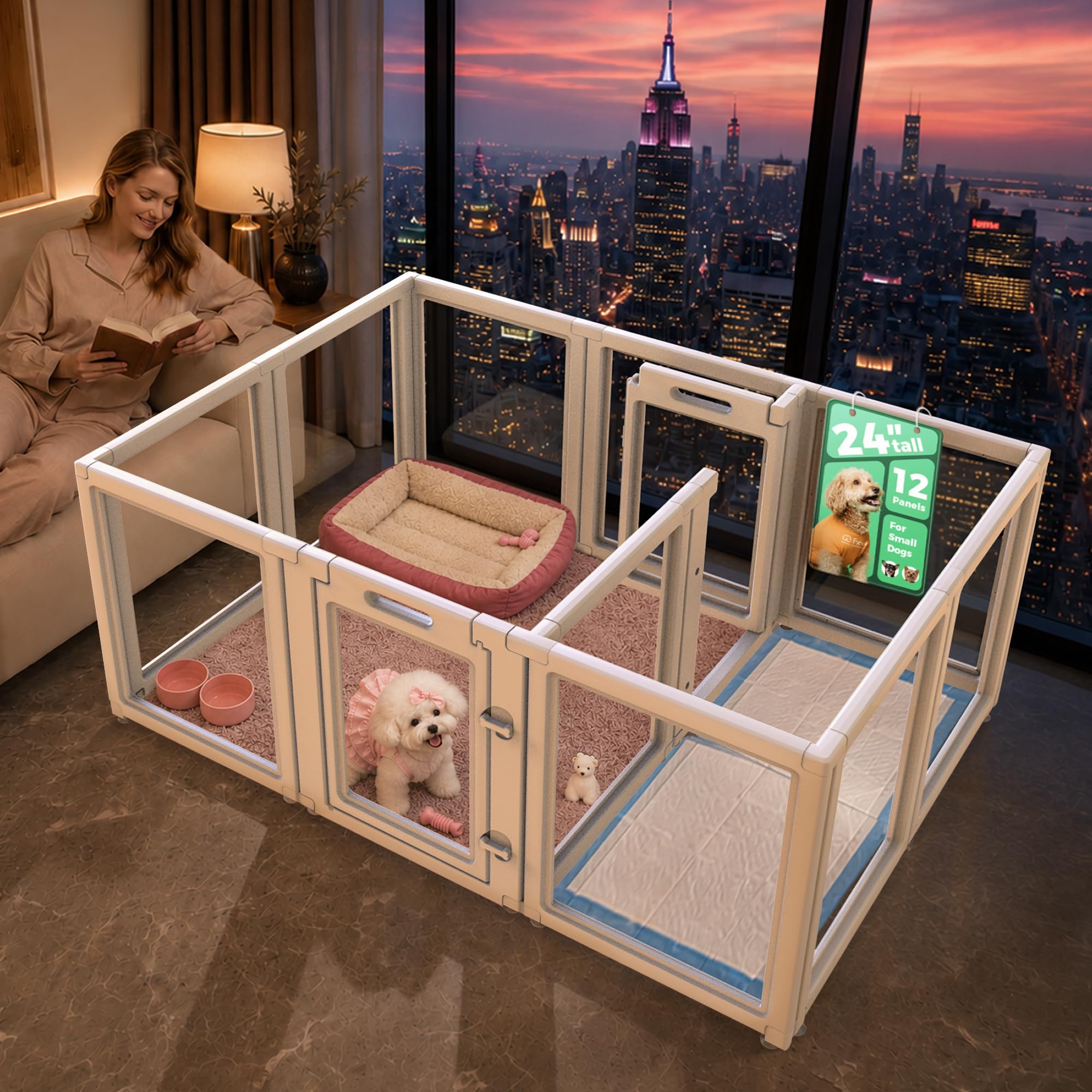 FXW AuraSpace Clear Acrylic Indoor Dog Playpen, 24" H, 12 Panels, White