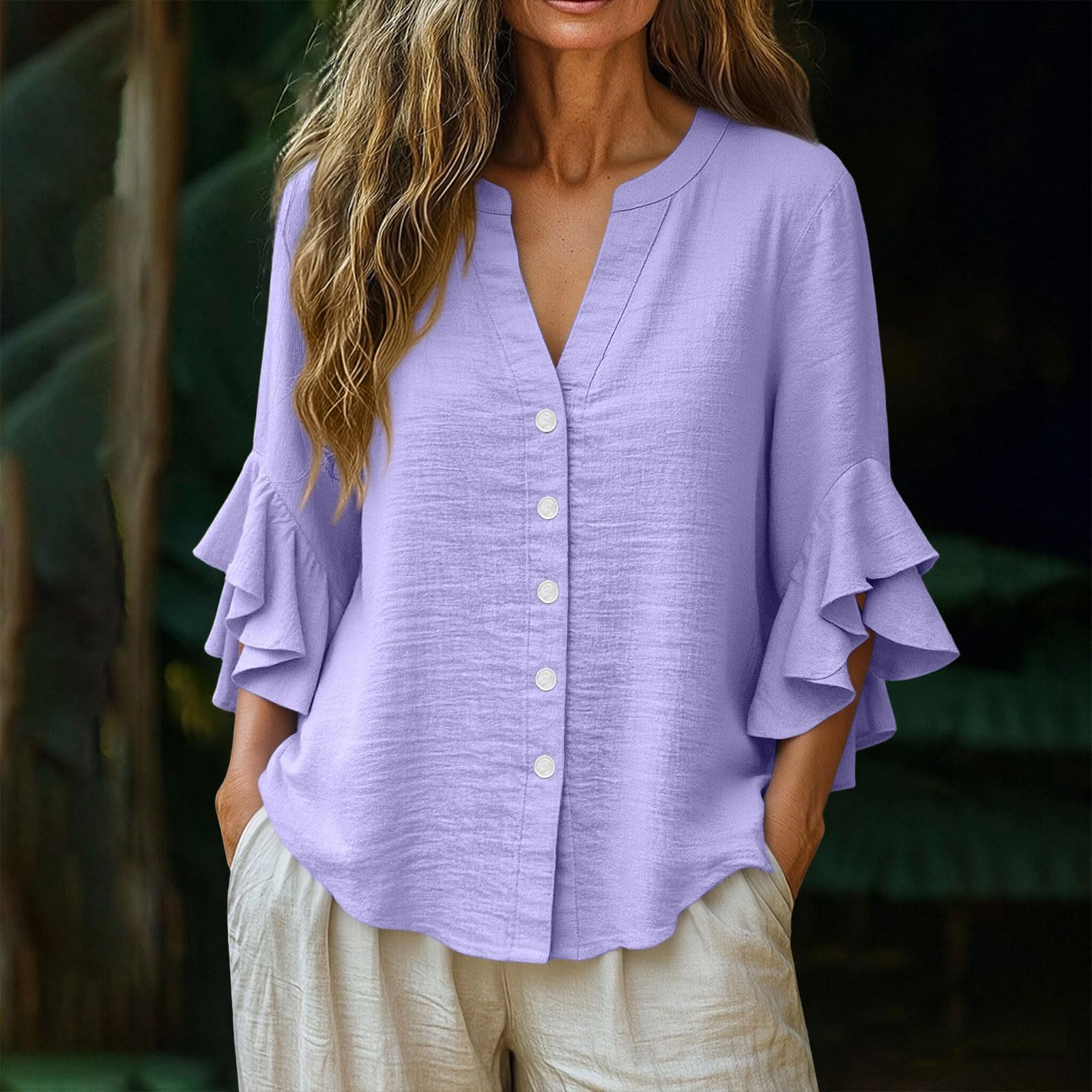 3/4 Ruffle Sleeve Cotton Linen Shirts for Women Dressy V Neck Beach Tunic Tops Elegant Summer Casual Work Blouses - 3