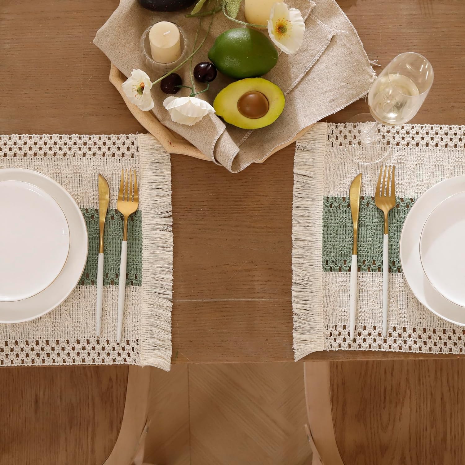 Green Placemats Set of 4 Macrame Table Decor with Fringe Boho Farmhouse Woven Table Placemats in Natural Burlap for Kitchen and Dining Table Centerpiece Spring Home Decorations