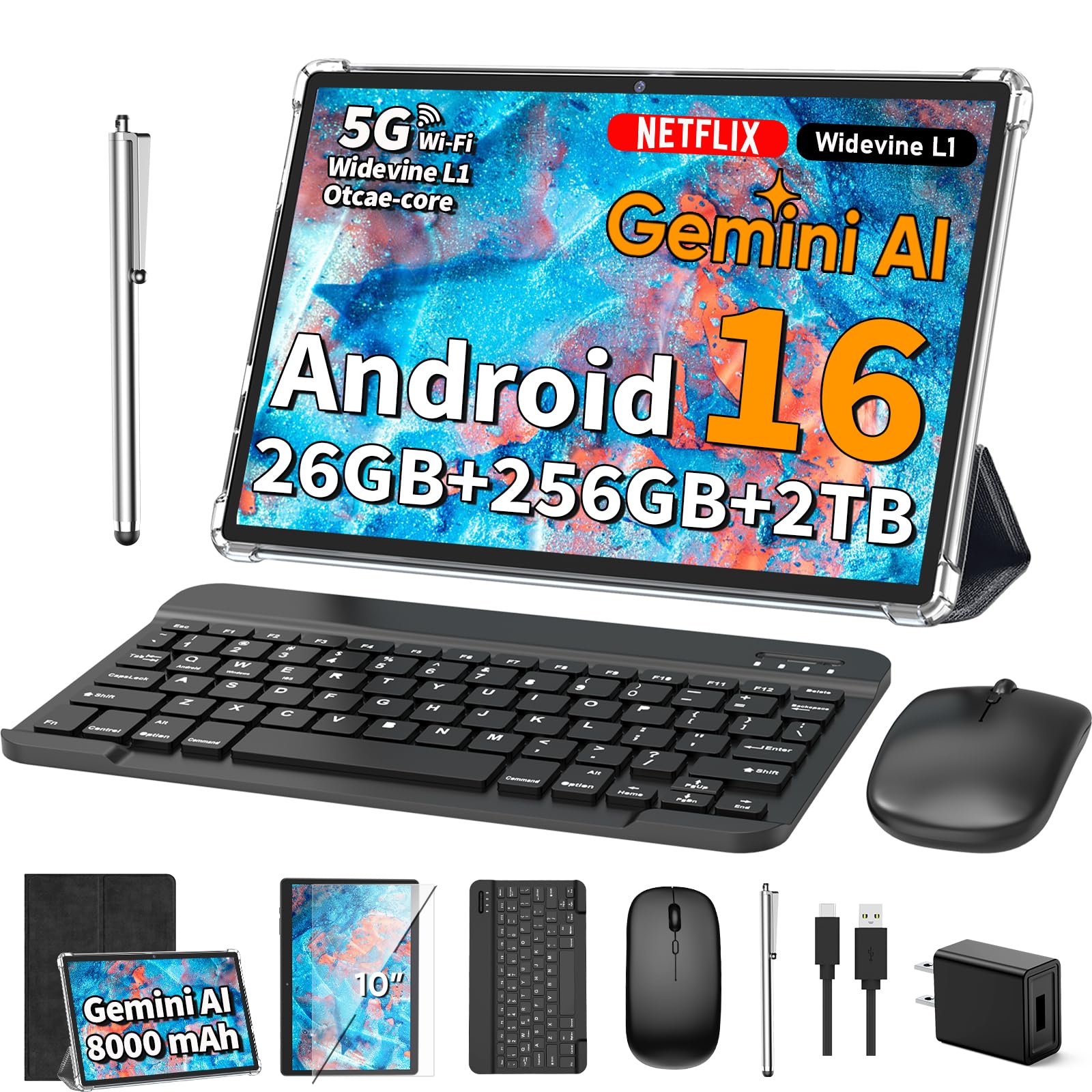 10 Inch Tablet with Keyboard - Android 16 Tablet with 26GB+256GB+2TB Expand