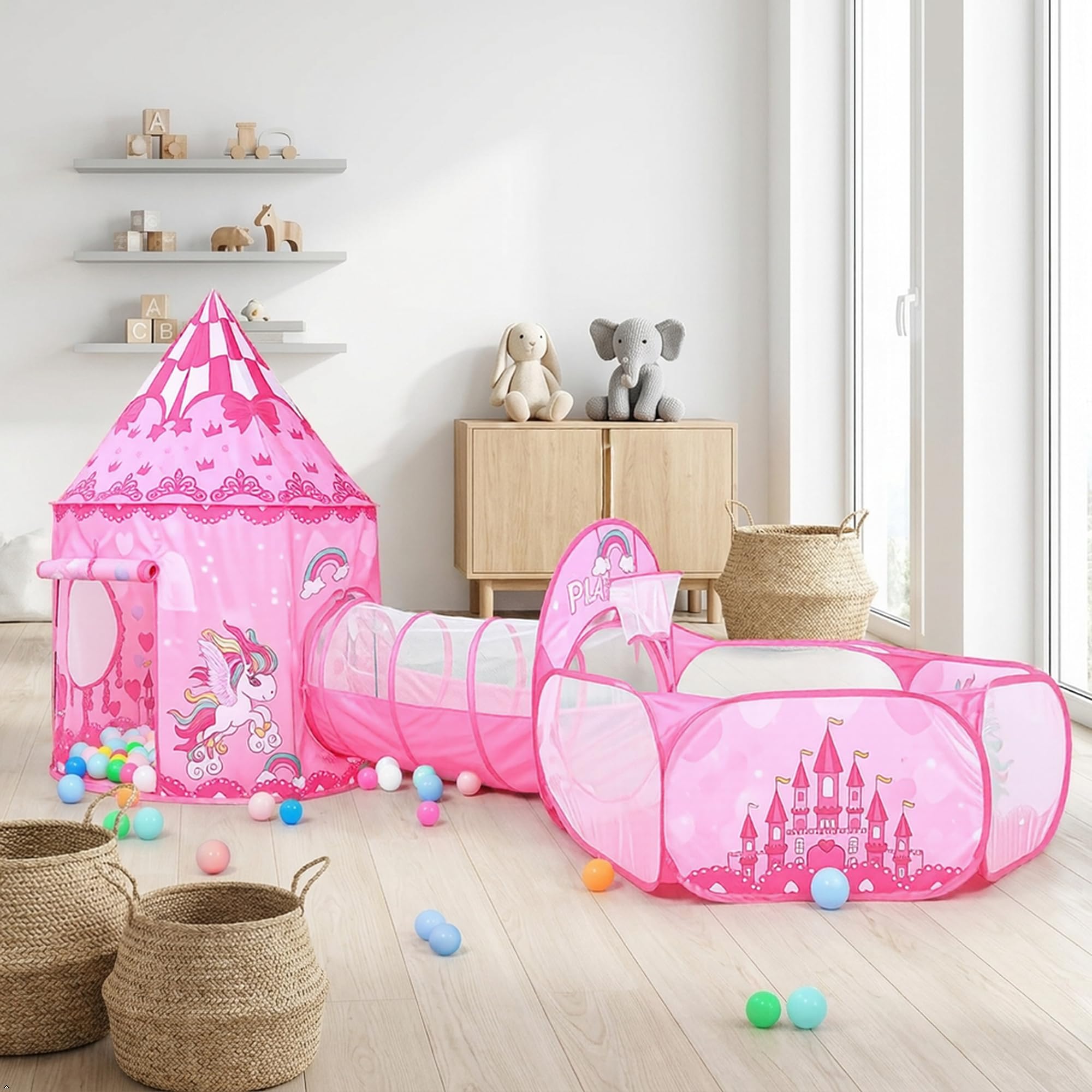 Tienda de campaña Infantil, Castillo Princesa 3 en 1 con Tienda, Túnel y Piscina de Pelotas