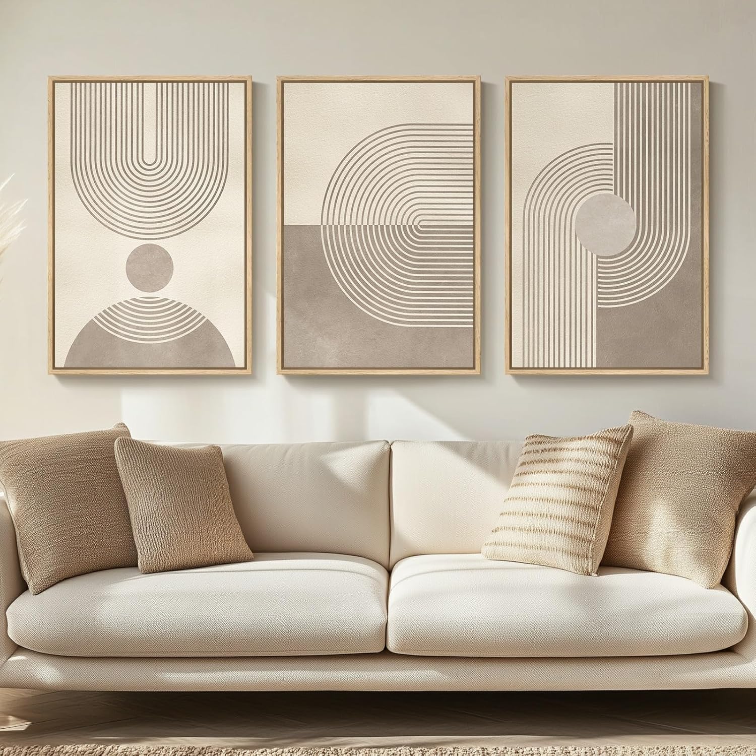 Framed Boho Neutral Abstract Wall Art for Living Room, 3 Piece Mid Century Beige Painting Prints, Brown Modern Geometric Canvas Artwork for Dining Room Bedroom Hallway Office Wall Decor, 16x24 Inch 24" H x 16" W x 3Pcs Boho Geometric Abstract