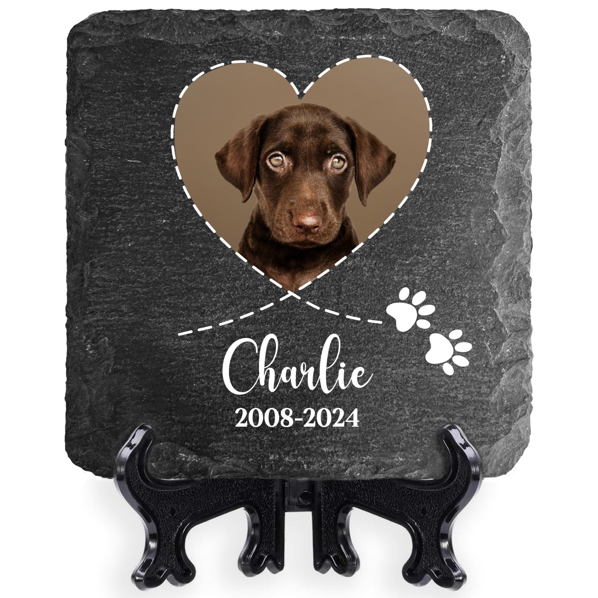 Personalised Pet Memorial Plaque Heart Shape Photo Frame Slate Stone Paw Print Dog Cat Grave Marker Natural Dark Grey Rock 150 x 150 mm / 5.9 x 5.9 inch | Design 2