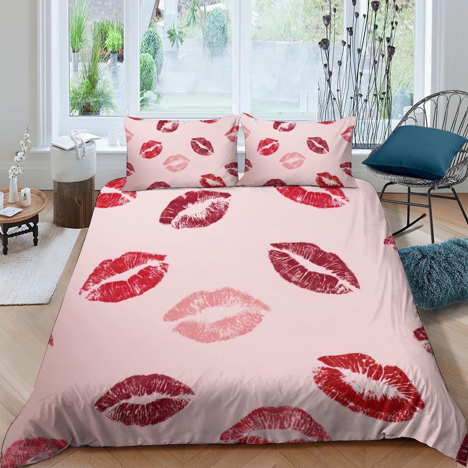 Ctjqhvkz Style-4 3D Printed Lip Kiss Fitted Sheet Microfiber Soft Pink Bedroom Decor Red Lips Bed Cover For Adults Teens Single（135X200cm）