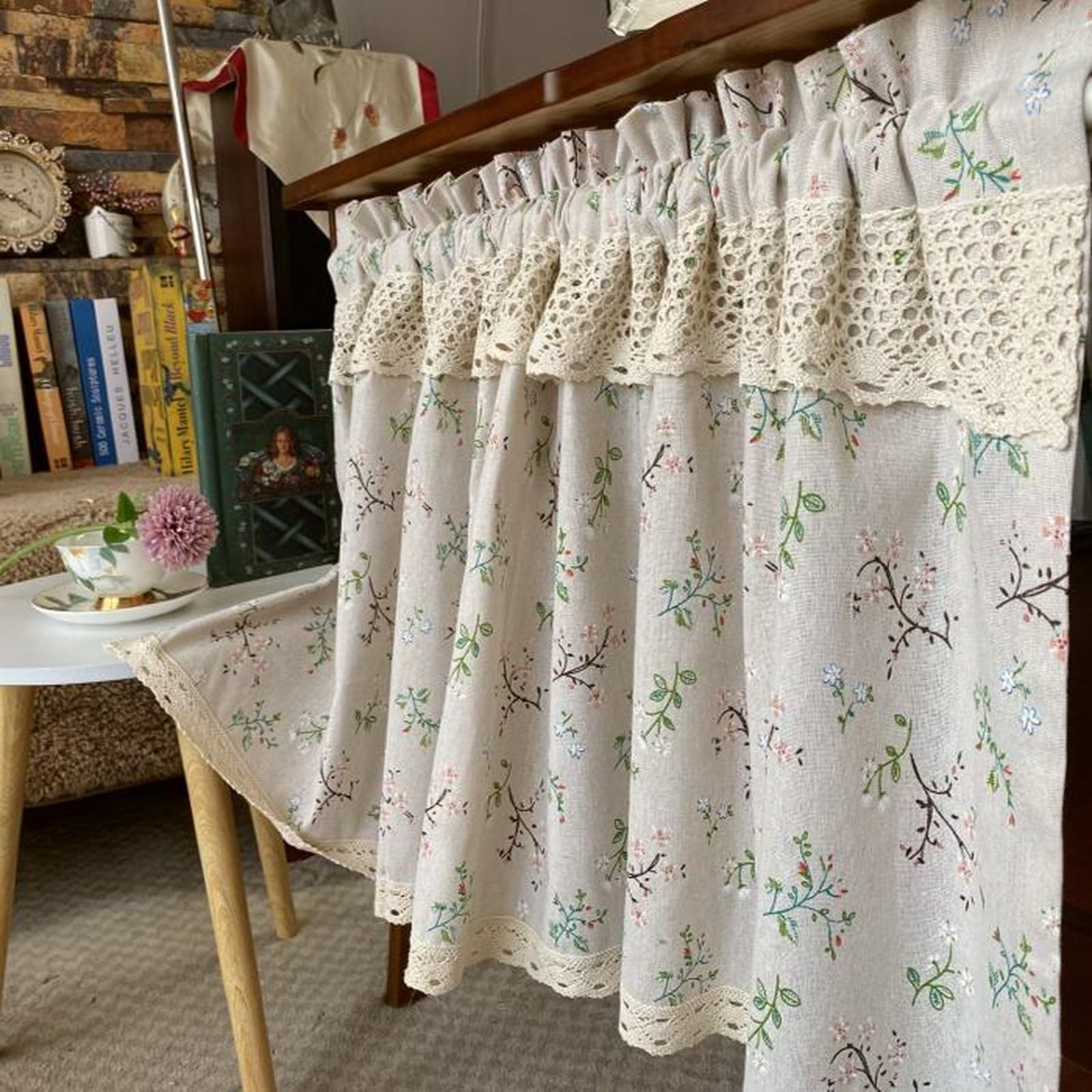 A.Monamour Cortina Cocina Ventana Puerta Corta Pequeña Granja Rural Floral Algodón Lino Ganchillo Encaje Opaco Bolsillo para Varilla Panel Cenefa Rustica Bistro para Dormitorio Café Baño Habitación