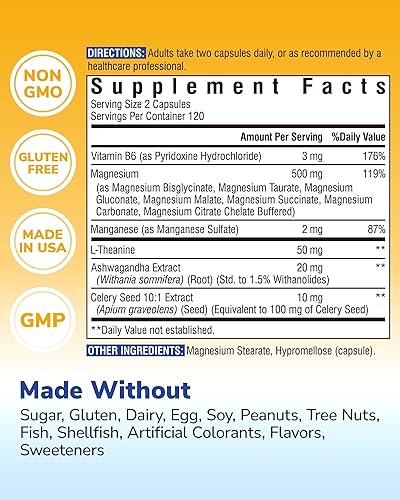 Miniatura 2 de Suplemento complejo de magnesio 500 mg + Ashwagandha, L-teanina, vitamina B6 y apio, glicinato de magnesio de alta absorción, citrato, malato, apoyo