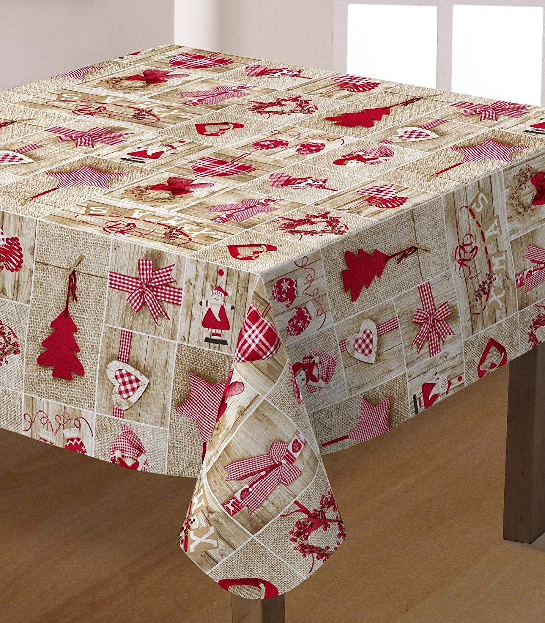 Mantel Tela Resinada Antimanchas Estampado Navidad Beige y Rojo Patchwork (140_x_400_cm )