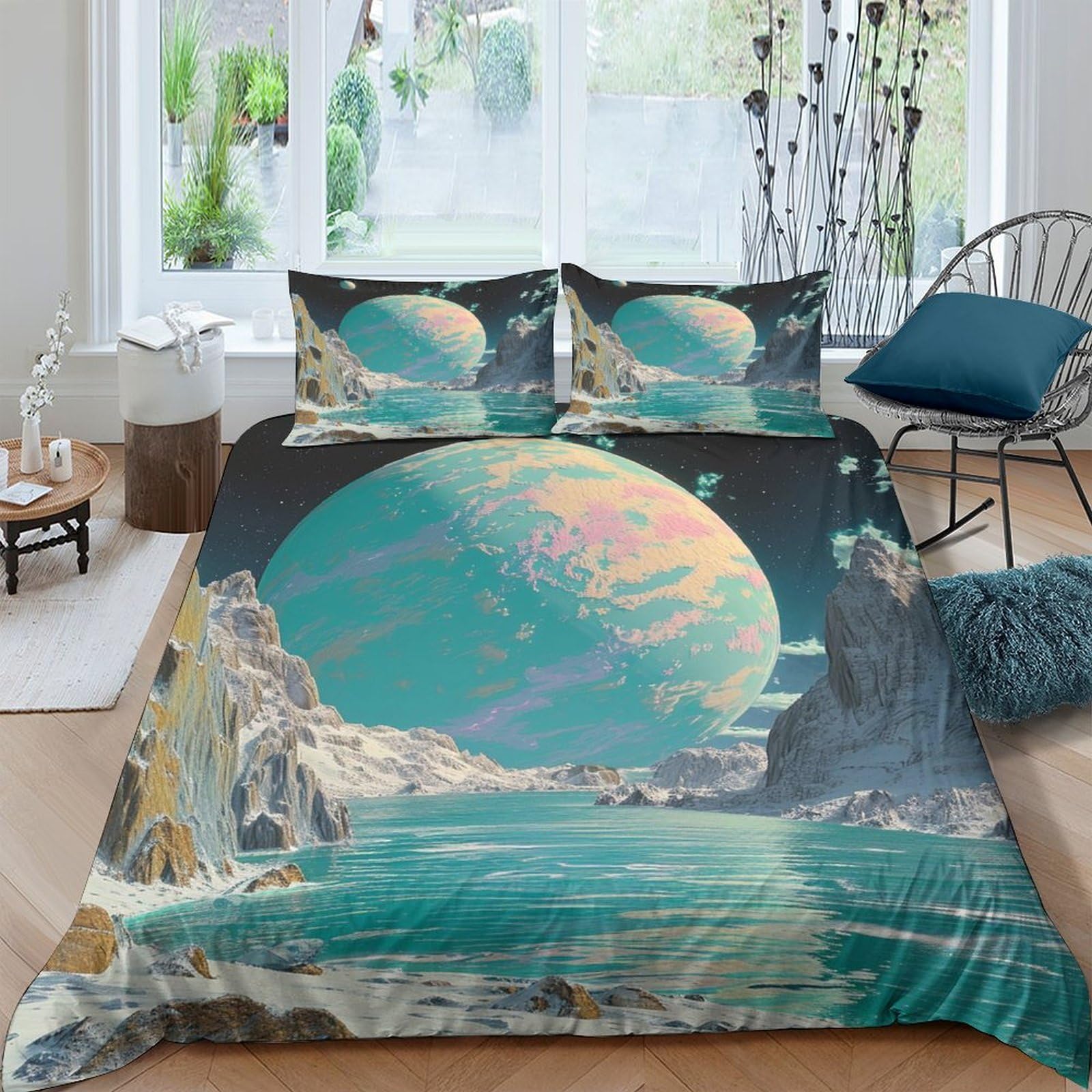 Ctjqhvkz Style-6 3D Printed Planet Landscape Fitted Sheet Microfiber Soft Teal Moon Art Mattress Cover For Bedroom Guest Room Dorm Decor Single（135X200cm）