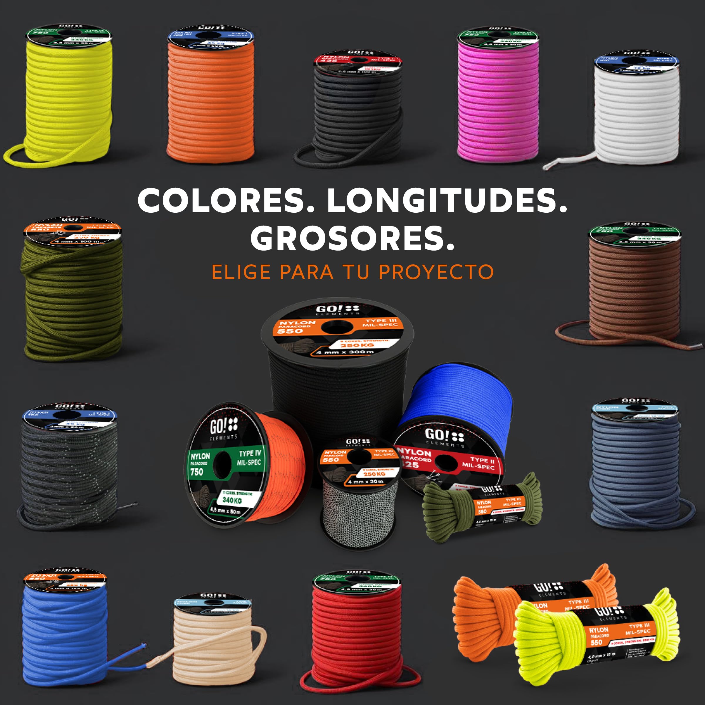 GO!elements Paracord Seil aus reißfester Nylonschnur - Paracord 750 Schnur - geeignet als Allzweckseil & Reepschnur