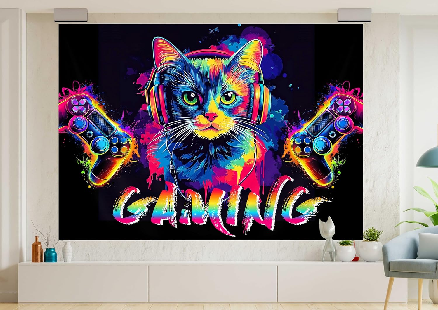 Hajmsug Blacklight Gaming Tapestry Modern UV Funny Cool trippy Game Neon Controller Black Art Themed Tapestry Wall Hanging Bedroom Living Room Gamer Room Abstract Poster Tapestries 80X60inch