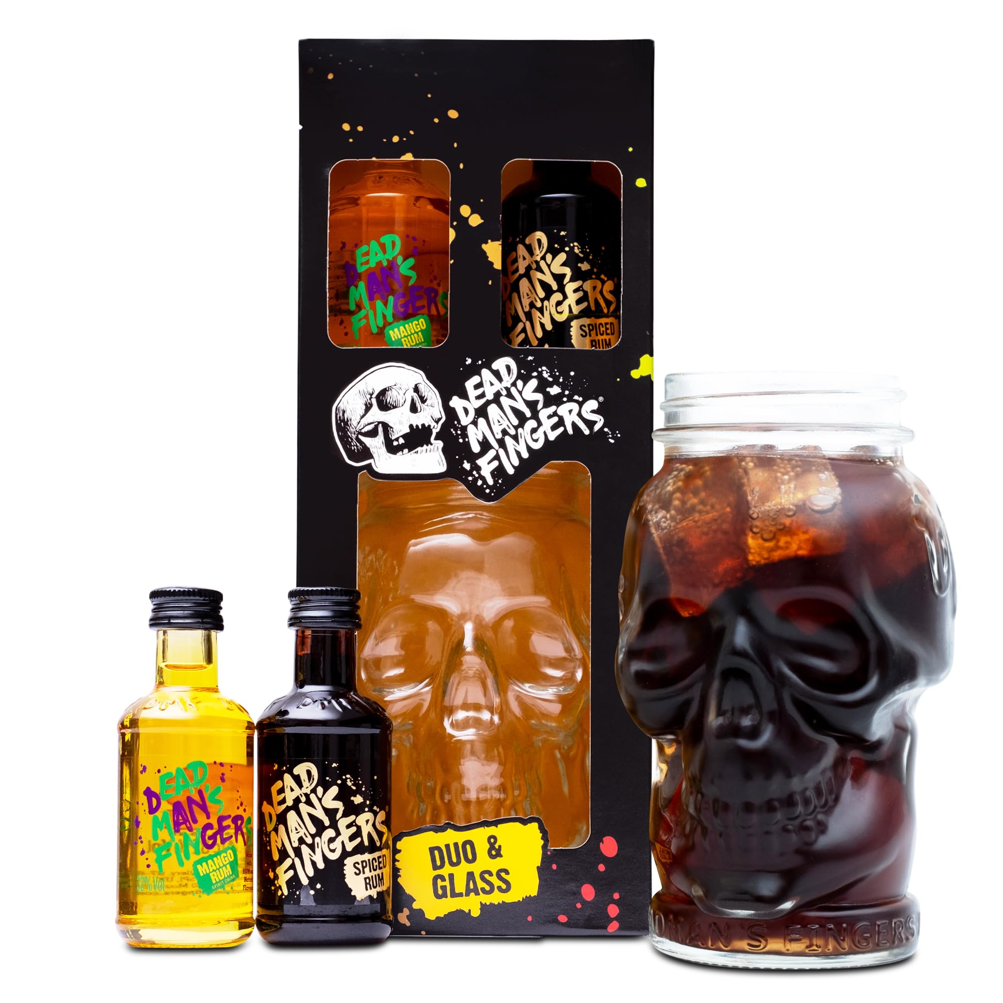 Dead Mans Fingers Rum Gift Set - Spiced & Mango Flavoured, Mini Alcohol Bottles x2 5cl Miniatures and Skull Glass - Official Rum Gifts for Men, Birthday, Dad Gifts, Boyfriend, Stocking, Christmas