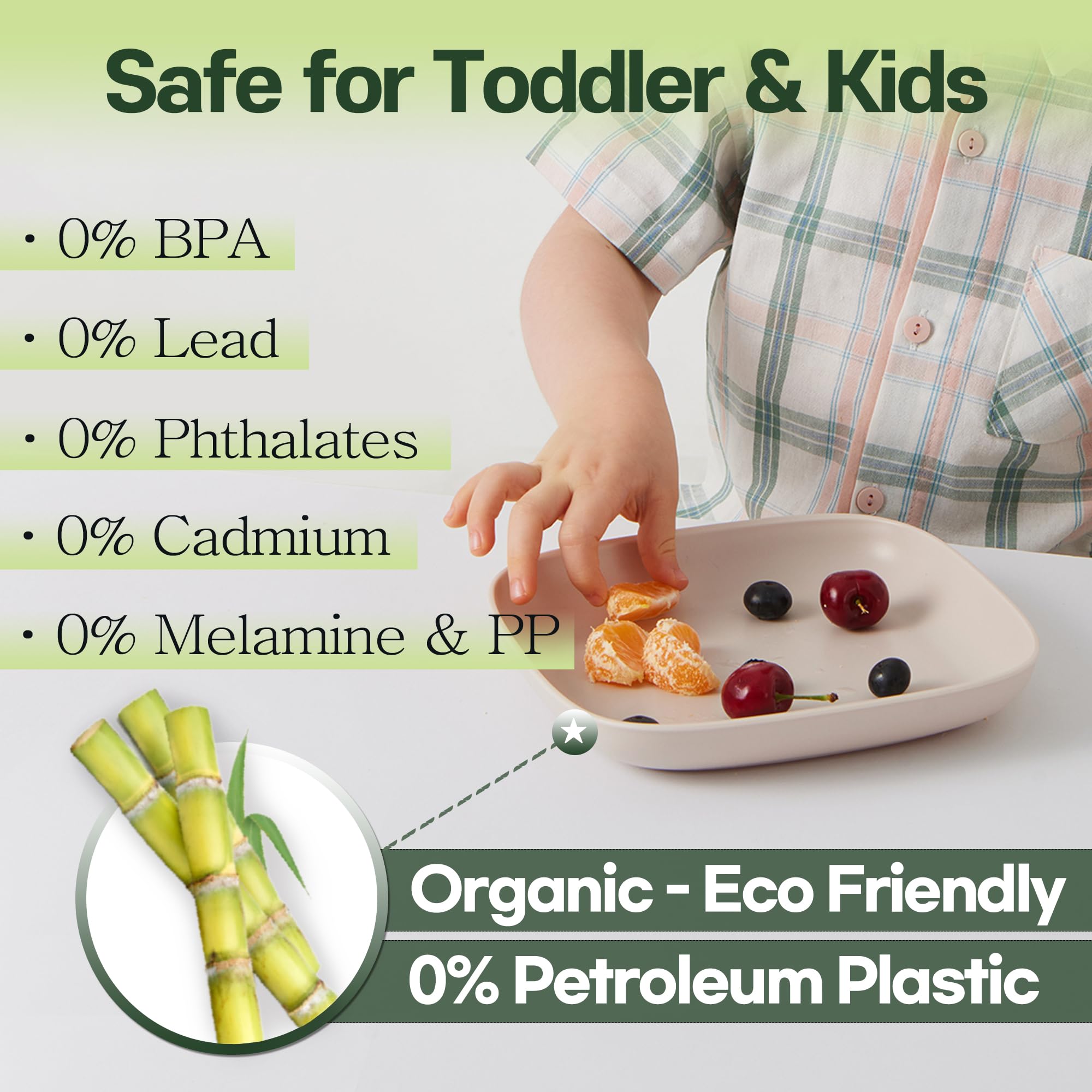 SUGARCANE - Platos para niños, paquete de 5 (7.9 pulgadas), platos orgánicos para niños pequeños a niños grandes, certificado USDA, aptos para microondas y lavavajillas, sin BPA, irrompibles,