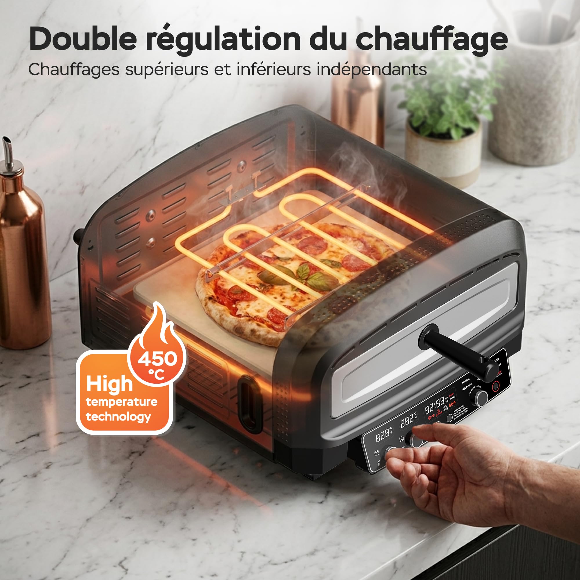 Four à pizza électrique jusqu'à 450 °C pour 37 cm (14.6") Pizza New York avec pierre à pizza – Utilisation intérieur/extérieur – 2200 W – Idéal pour maison, jardin, table ou cuisine mobile