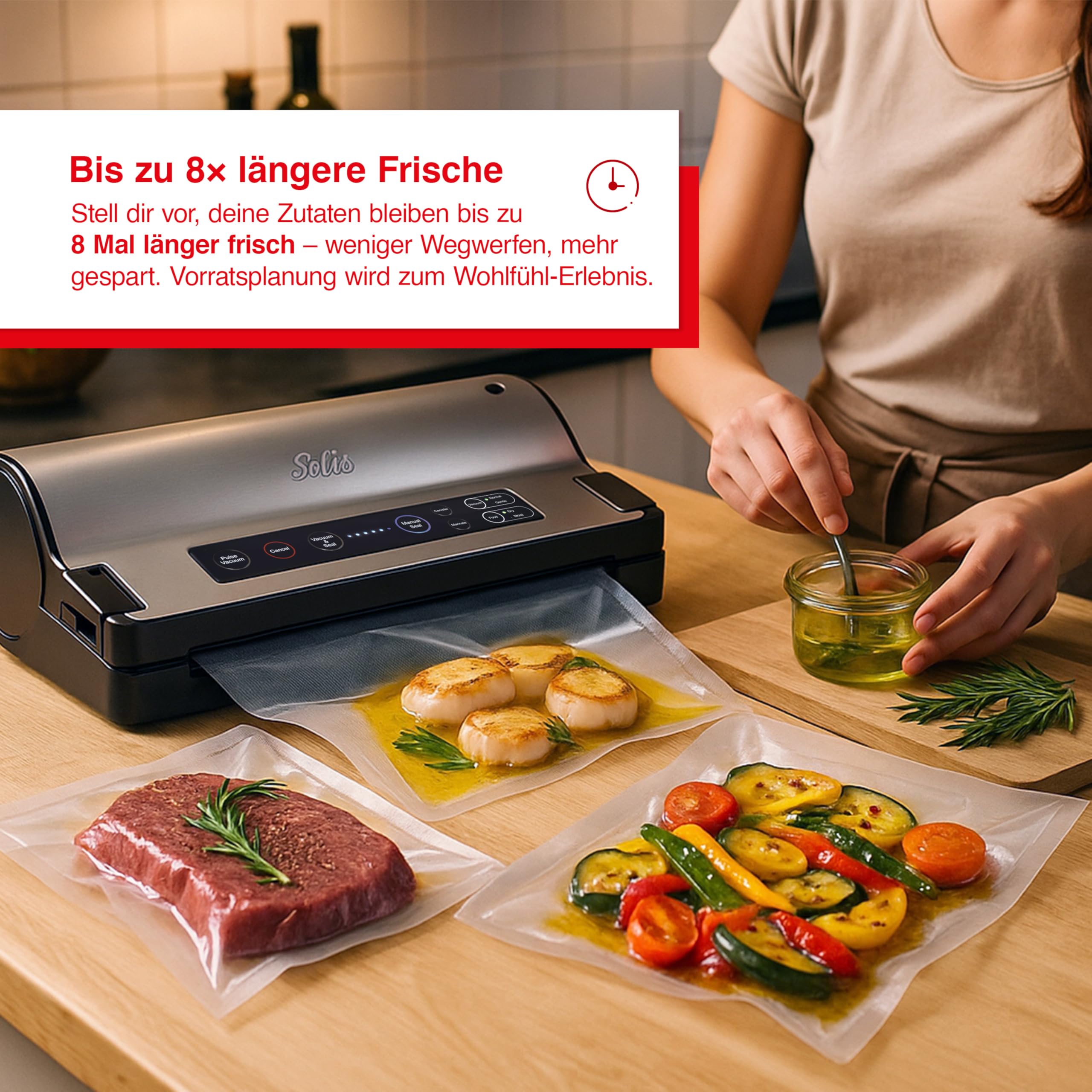 Solis Vakuumiergerät Vac Prestige 575 - Einschweißgerät für Lebensmittel - Vakuumierer/Folienschweißgerät mit Pulse- und Marinierfunktion | Automatik- & Pulse-Funktion, Marinier-Funktion, –0,8 bar Saugleistung, 130 W, inkl. Beutel & Rollen