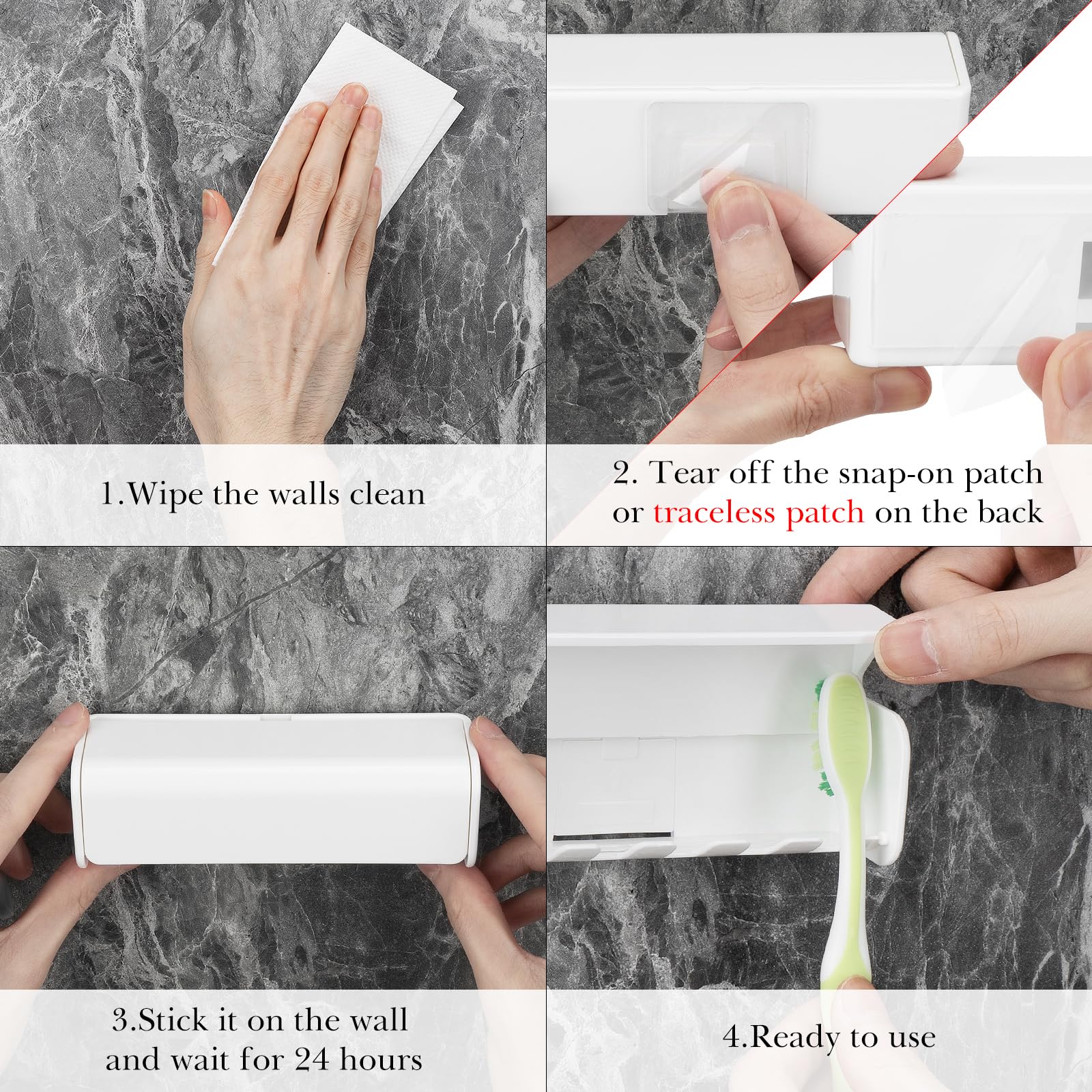 Linkidea 4-Pack Wall Mount Toothbrush Holder - No Drill Adhesive Rack With Cover For Bathroom, Shower, RV