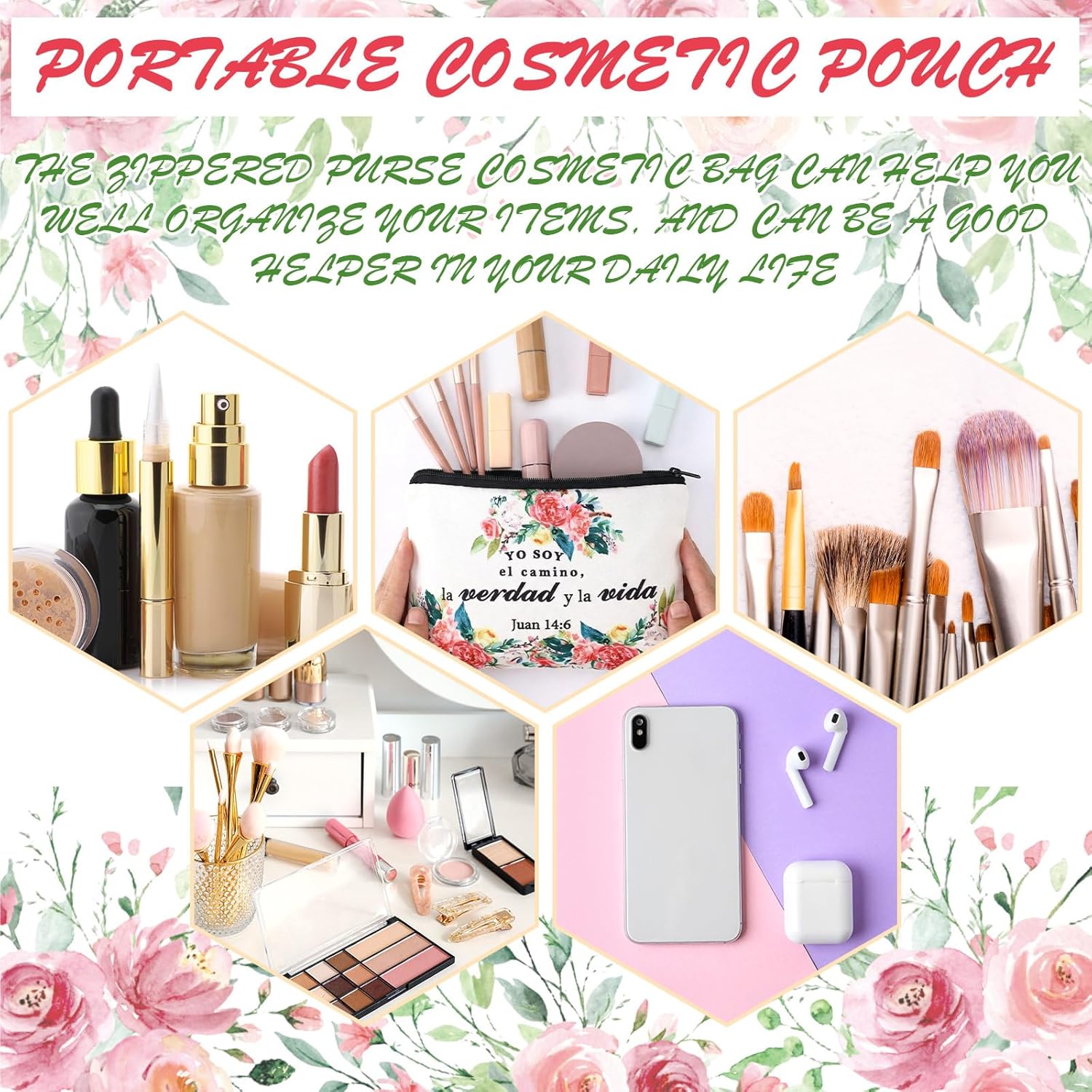 Pinkunn 16 Pcs Canvas Makeup Bags Gifts Bulk Graduation Inspirational Christian Religious Cosmetic Bag Teacher Nurse Bible Verse Pencil Pouch Travel Gift(Spanish Floral)