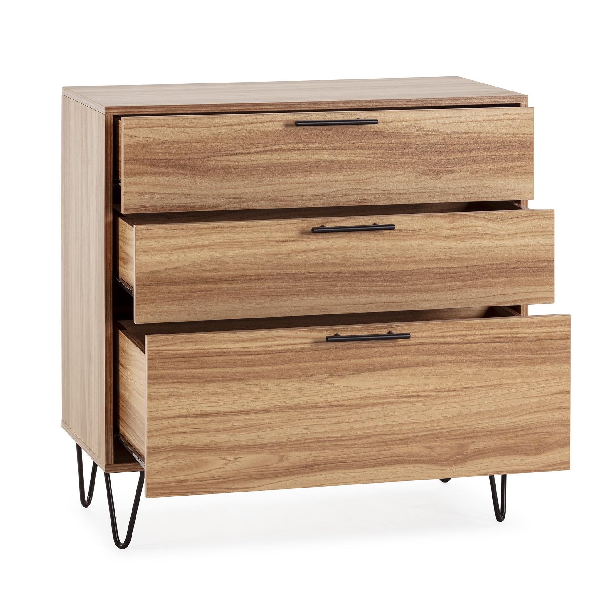 HOMN LIVING Cómoda de Noche Alma 3 cajones Color Madera, pies metálicos, 80 cm (Ancho) 40 cm (Profundo) 80 cm (Altura)