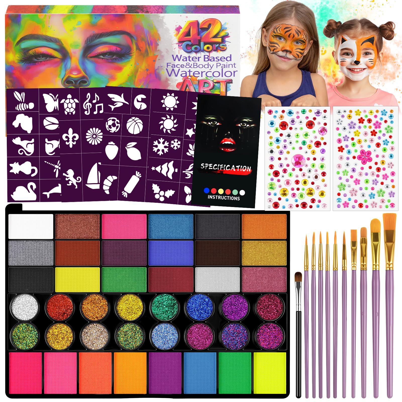 LOPHE Kit Peinture Corporelle Visage 42 Couleurs avec 11 Pinceaux,4 Modèles,2 Autocollants, Palette Maquillage de Peinture Corporelle,Peinture à L'eau pour Le Visage et Le Corps pour Adultes,Enfants