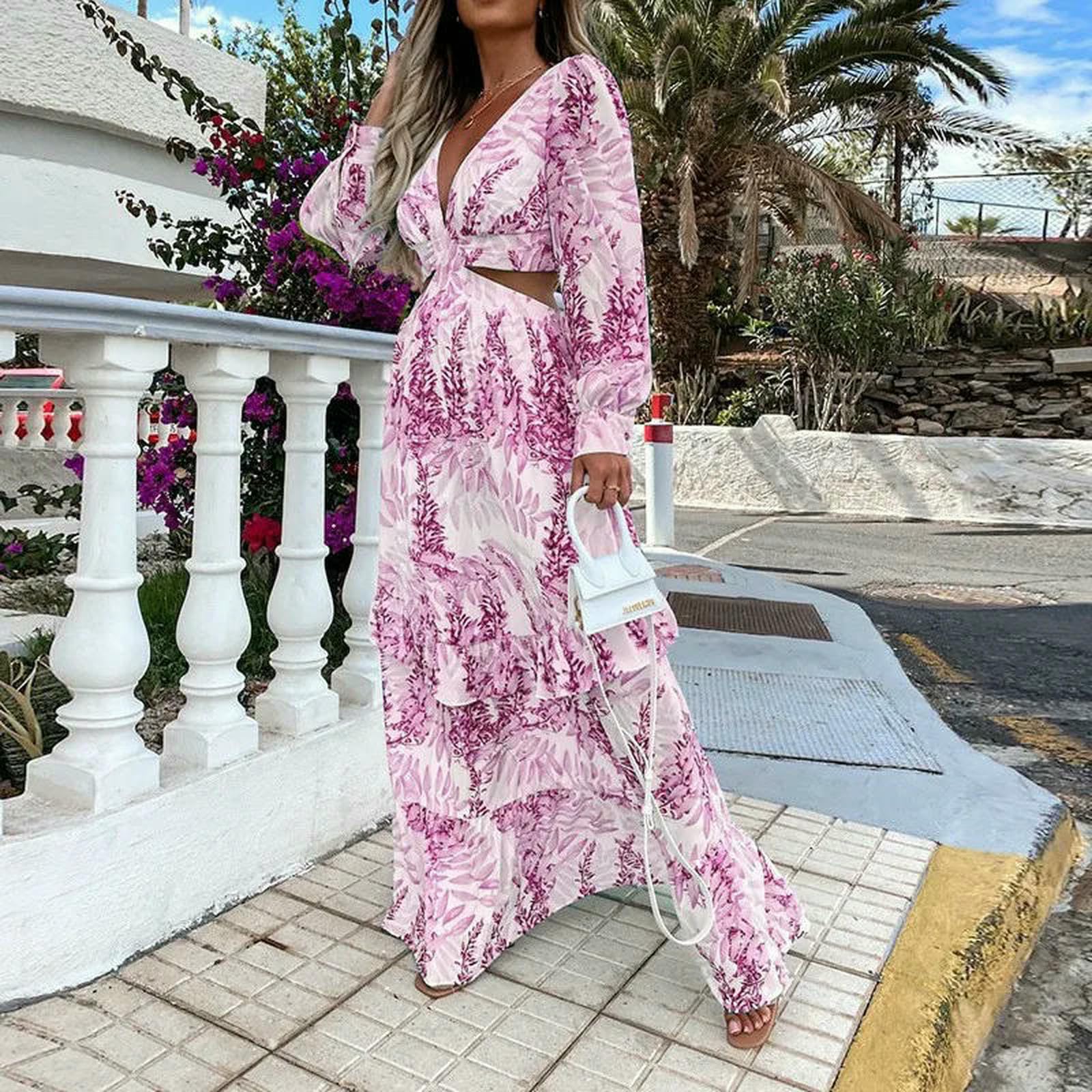 Vestiti a Maniche Lunghe F Primaverile Femminile da Donna, Stampato di Moda Sexy Abito V-Collo Profondo, Spunta, Sera Elegante, Estivo Elegante
