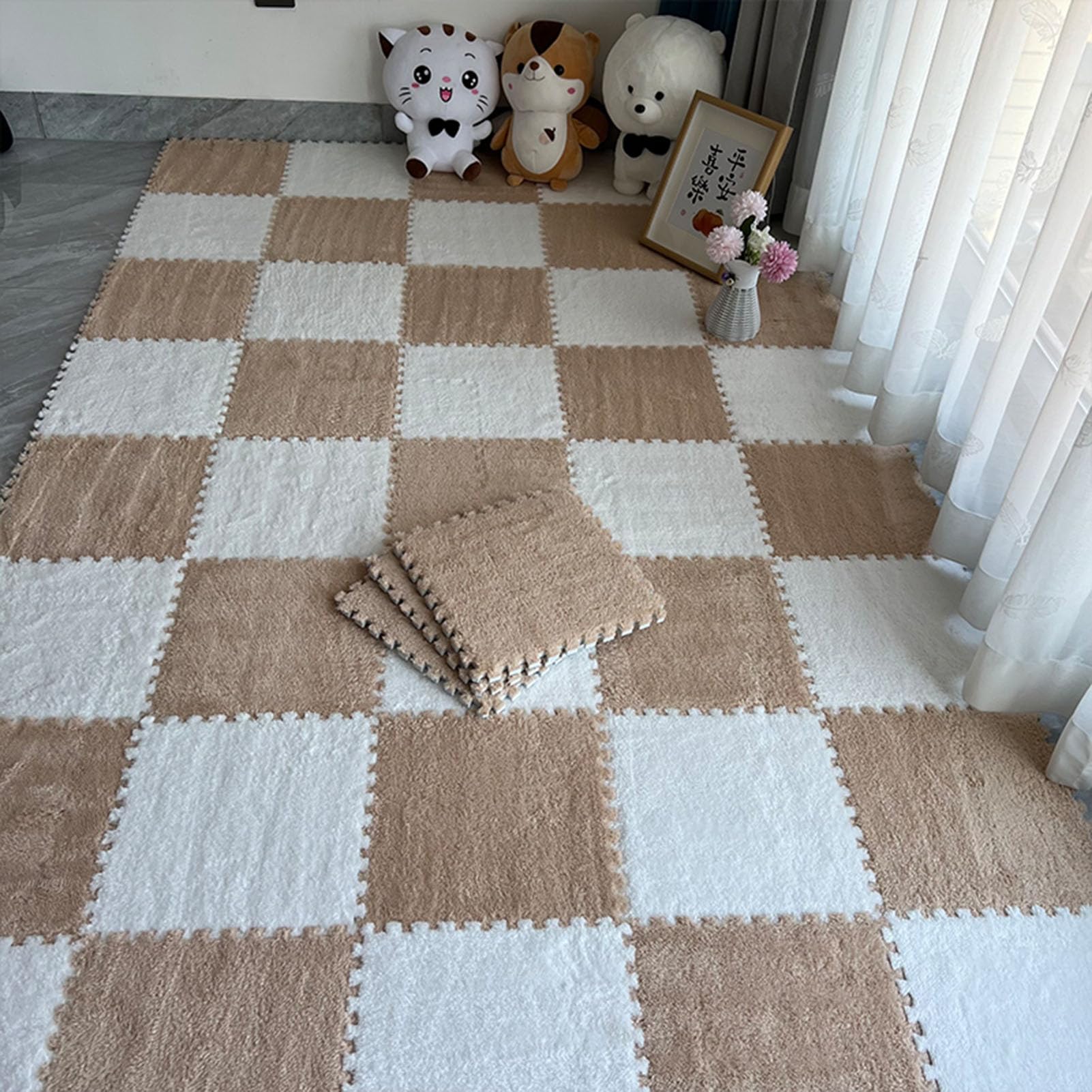 Tappeto ad Incastro Splice, Tappeto ad Incastro in Peluche, 70 Pezzi, Tappeto Quadrato in Peluche, Piccoli tappeti Soffici per la cameretta dei Bambini, Soggiorno, Camera,Light Brown+White
