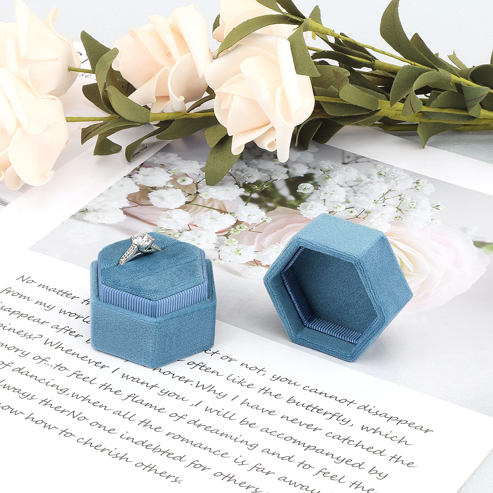 BLUTETE Hexagon Velvet Ring Box With 2 Slots - Engagement & Wedding Ring Box In Navy Blue | Detachable Lid For Proposals
