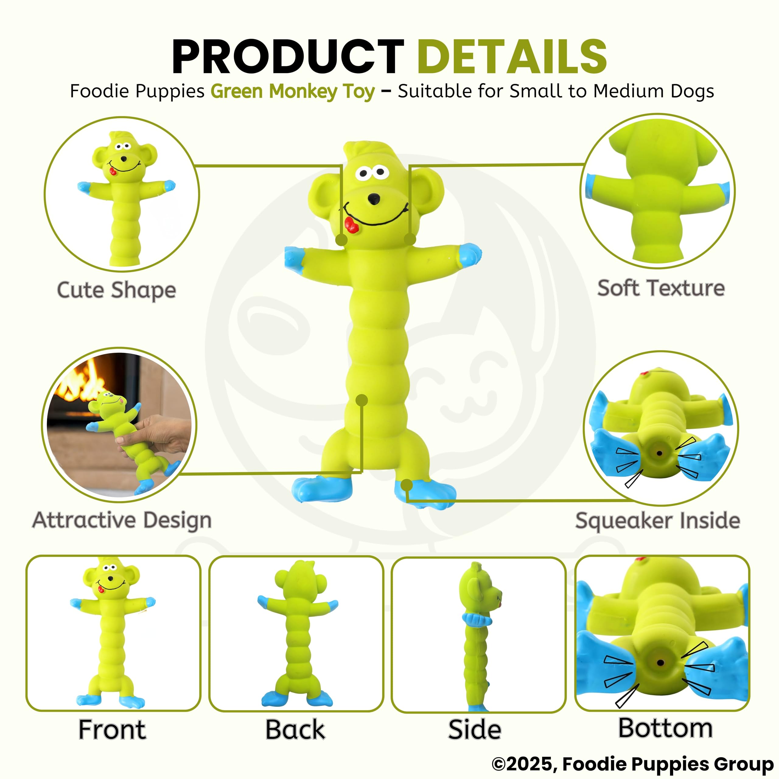 Foodie Puppies Interactive Latex Squeaky Chew Dog Toy - (Green Monkey, 20cm) | Small to Medium Dogs & Puppies | Durable, Rubber, Non-Toxic, Animal Design Playing & Fetching Pet Toy | Reduce Anxiety 1