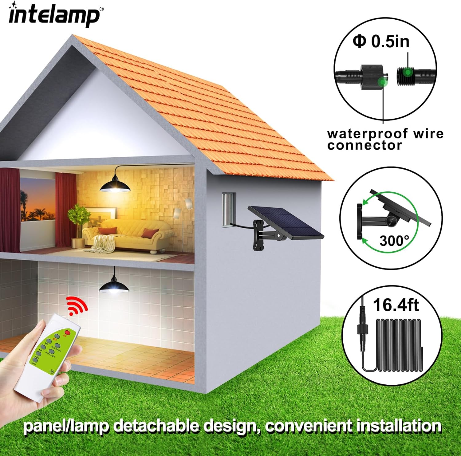 intelamp Solar Pendant Lights Indoor Outdoor, 4000mAh Gazebo Shed Chandeliers with Remote All Day/Night Mode 16.4Ft Hanging Warm White Lighting for Outside Barns Chicken Coop