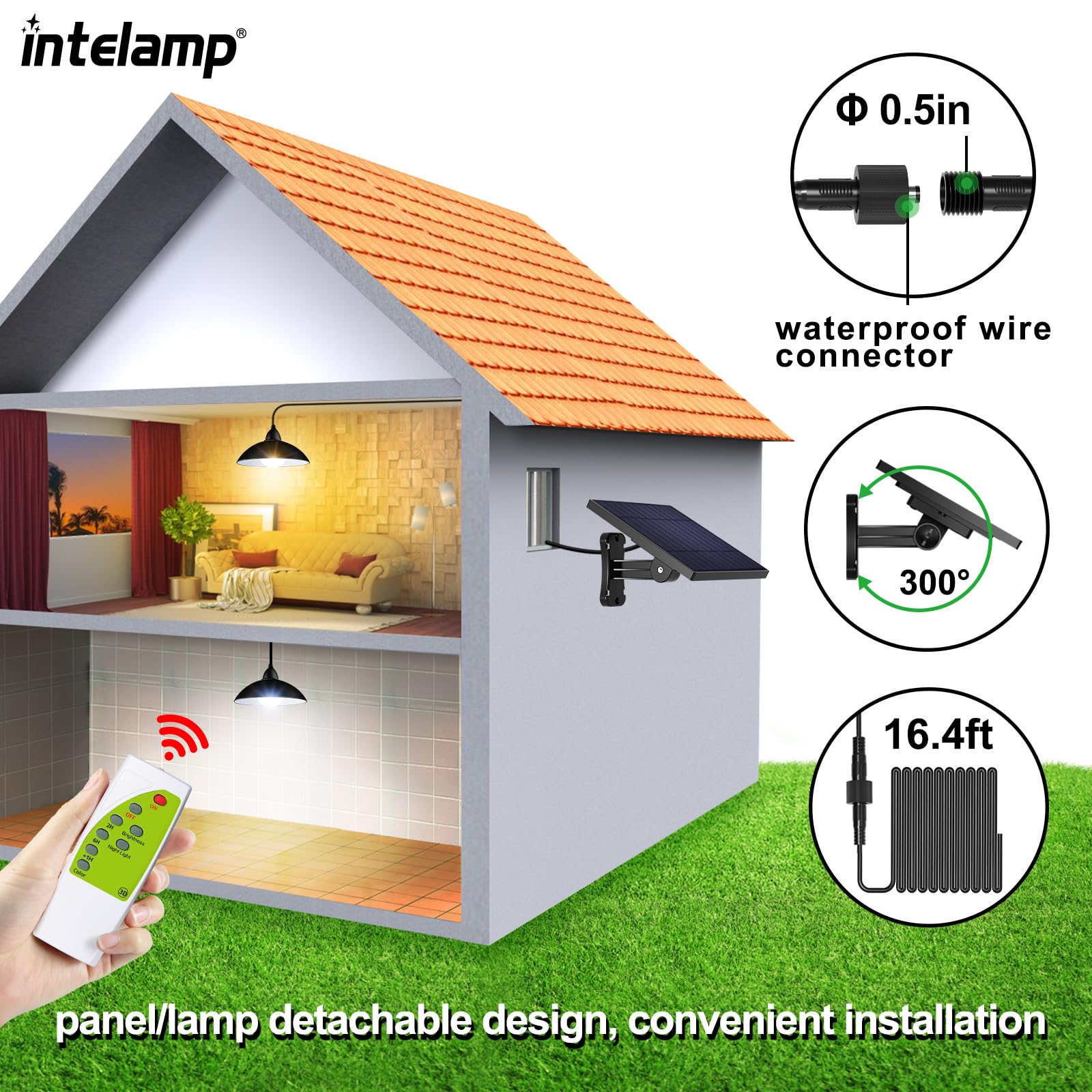 intelamp Solar Shed Light Remote Control, Solar Pendant Lights Outdoor Indoor, Cool White, Neutral, Warm White, 16.4FT Cord - Image 2