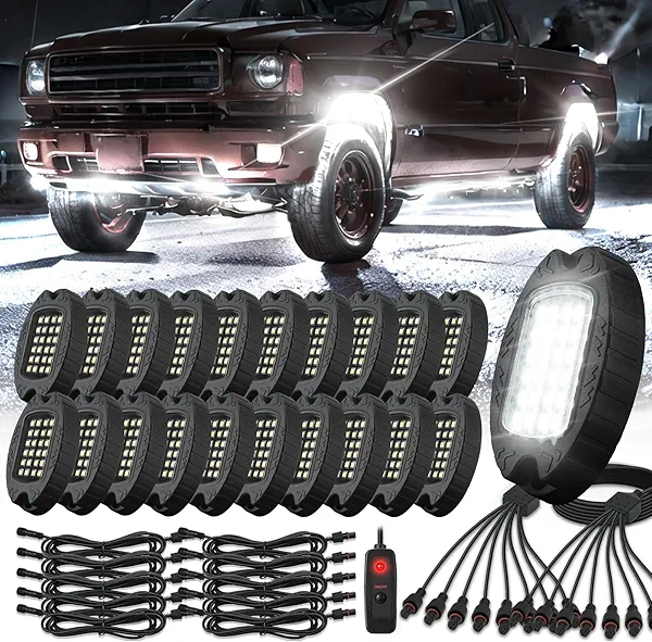 20 Pods Alloy Pure White LED Rock Lights with Extension Wires, IP68 Waterproof Shockproof 24LEDs 6500K Super Bright White Neon Underglow Kit for Semi Trucks Trailer Offroad Pickup Boats Sedans RV