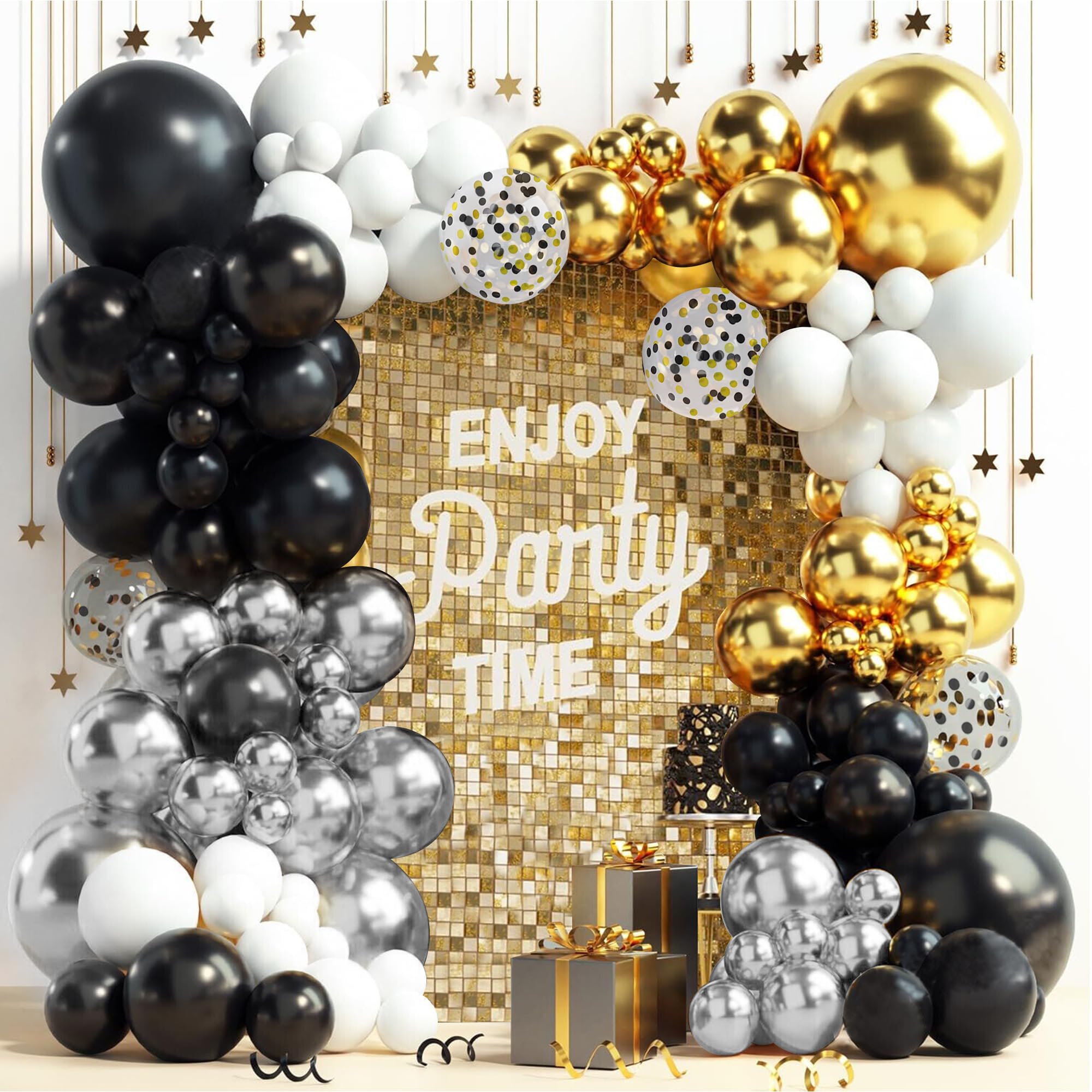 SPFYunion 152PCS Black Glod Sliver Balloons Garland Arch Kit Black Gold Confetti Balloons for Birthday Graduation Baby Shower Wedding Retirement Anniversary Party Decorations